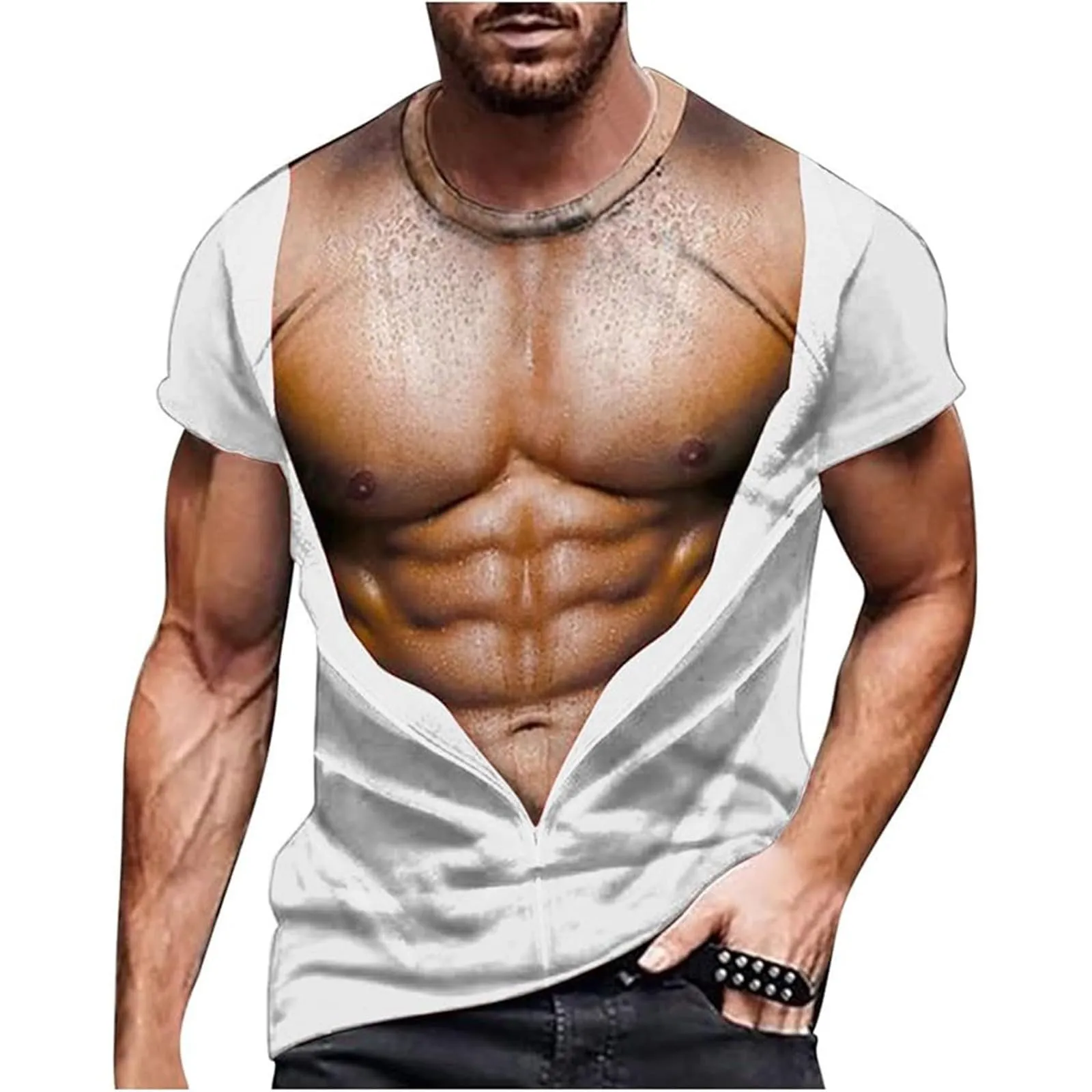 Maglietta da uomo con stampa 3D, gilet strappato e body muscolare, divertente maglietta divertente come scherzo per feste, carnevale o palestra, Stile_h23 bianco, M - immagine 1