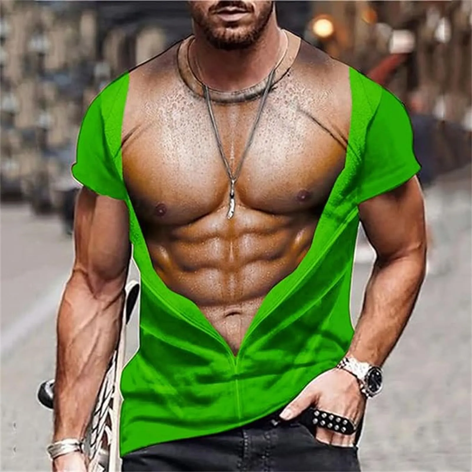Maglietta da uomo con stampa 3D, gilet strappato e body muscolare, divertente maglietta divertente come scherzo per feste, carnevale o palestra, Stile_h09 verde, XL - immagine 2