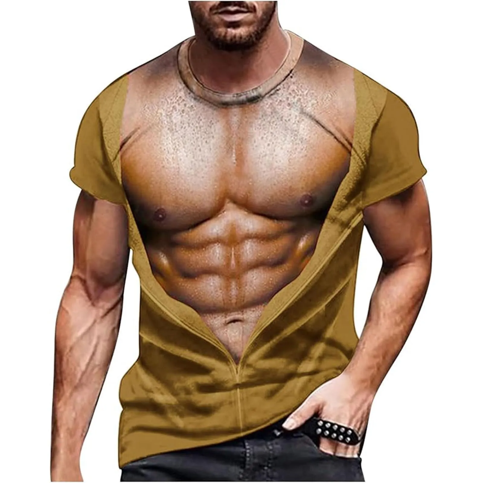 Maglietta da uomo con stampa 3D di un gilet strappato e corpo muscoloso, divertente maglietta scherzosa come scherzo per feste, Carnevale o palestra, 3XL - immagine 1
