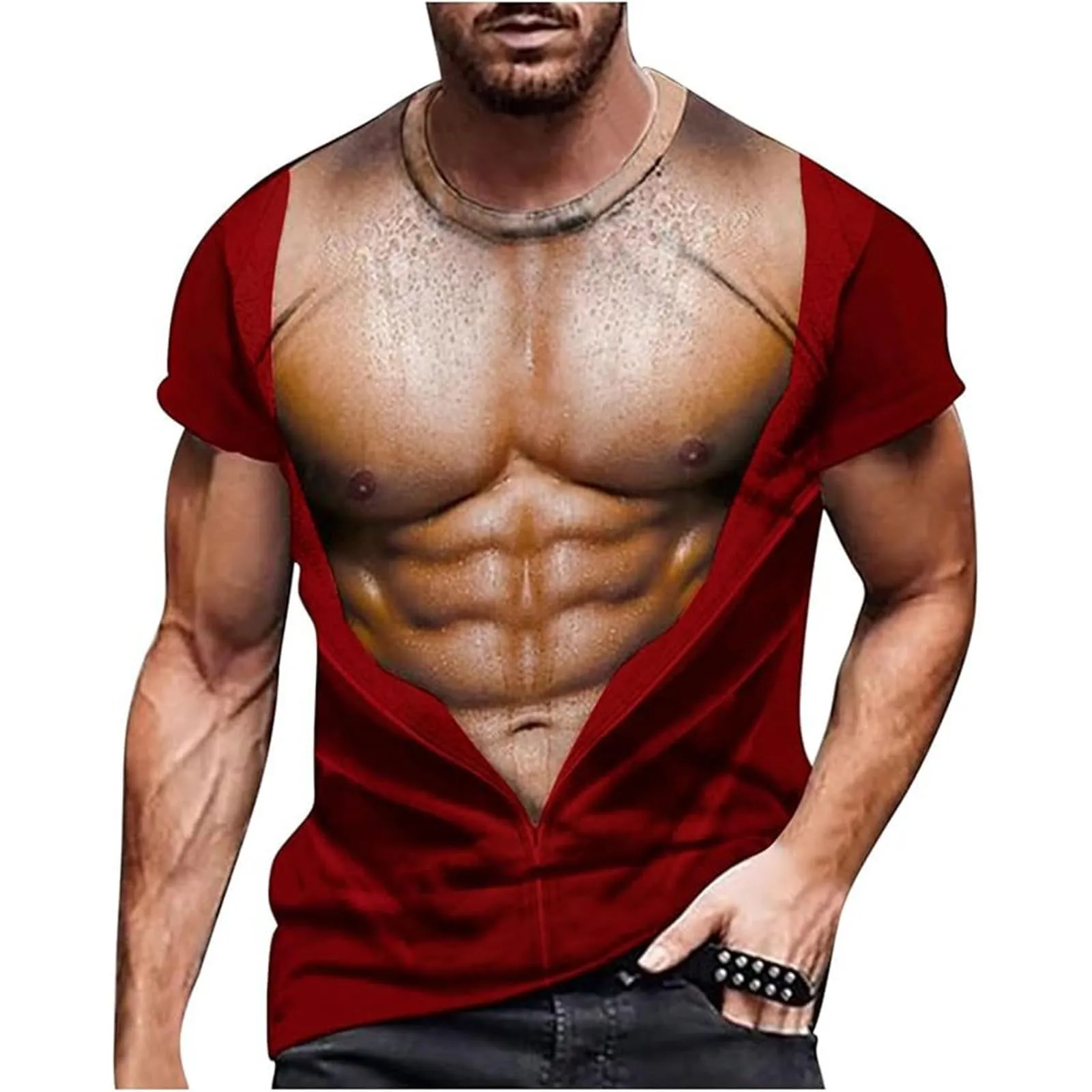Maglietta da uomo con stampa 3D, gilet strappato e body muscolare, divertente maglietta divertente come scherzo per feste, carnevale o palestra, Stile_h22 rosso vinaccia, S - immagine 1