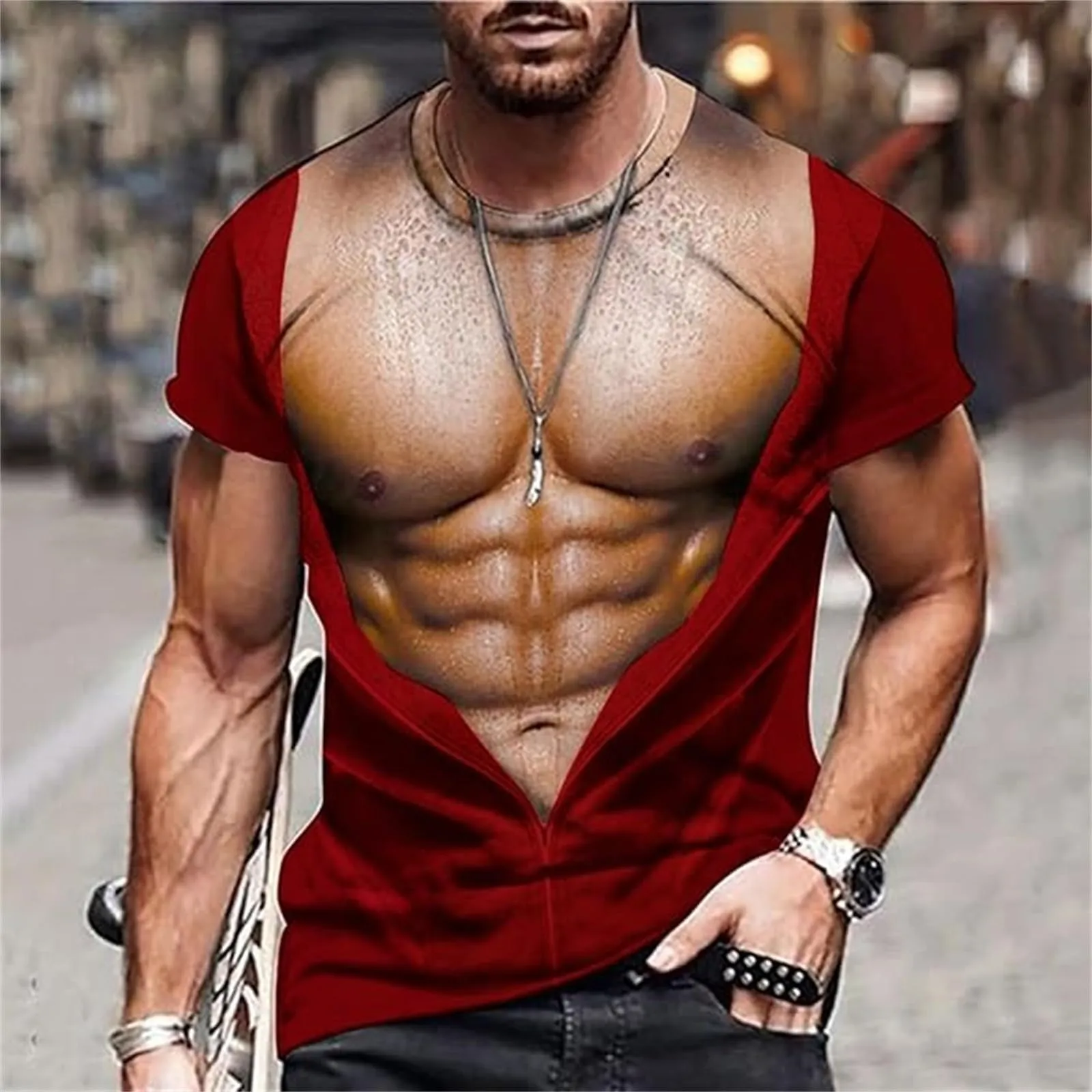 Maglietta da uomo con stampa 3D, gilet strappato e body muscolare, divertente maglietta divertente come scherzo per feste, carnevale o palestra, Stile_h22 rosso vinaccia, S - immagine 2