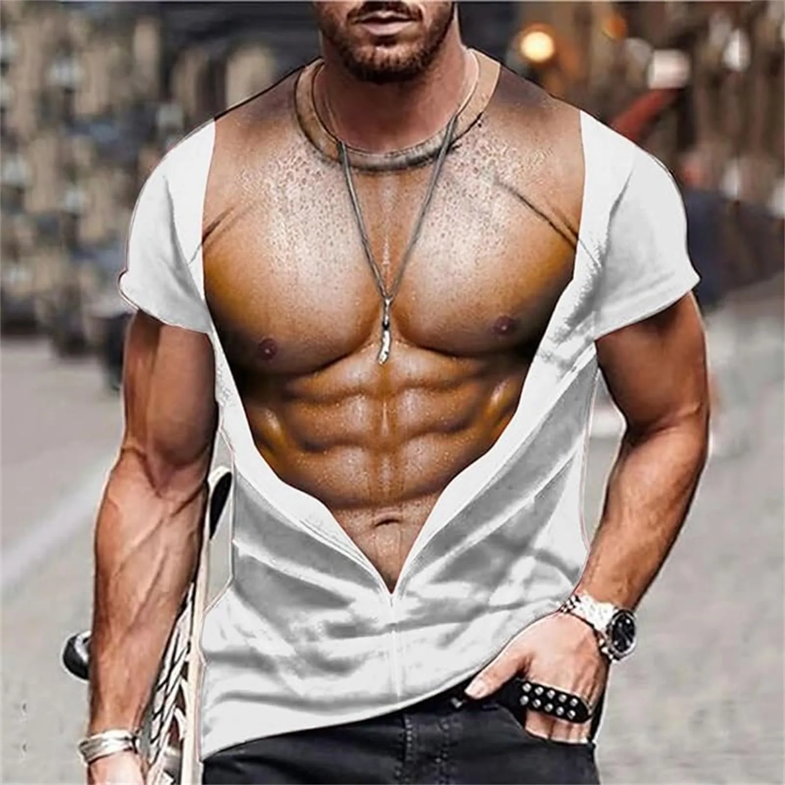 Maglietta da uomo con stampa 3D, gilet strappato e body muscolare, divertente maglietta divertente come scherzo per feste, carnevale o palestra, Stile_h23 bianco, L - immagine 2