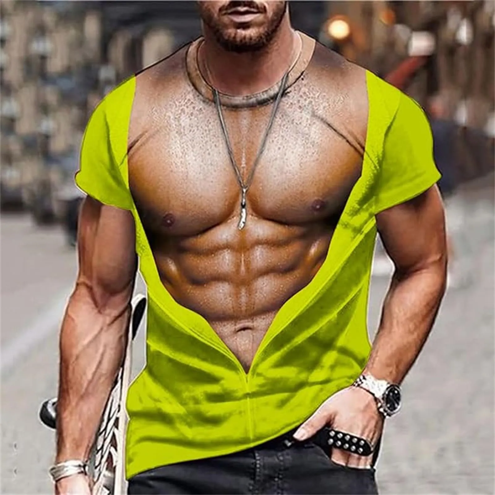 Maglietta da uomo con stampa 3D, gilet strappato e body muscolare, divertente maglietta divertente come scherzo per feste, carnevale o palestra, Stile_h15 giallo, 3XL - immagine 2