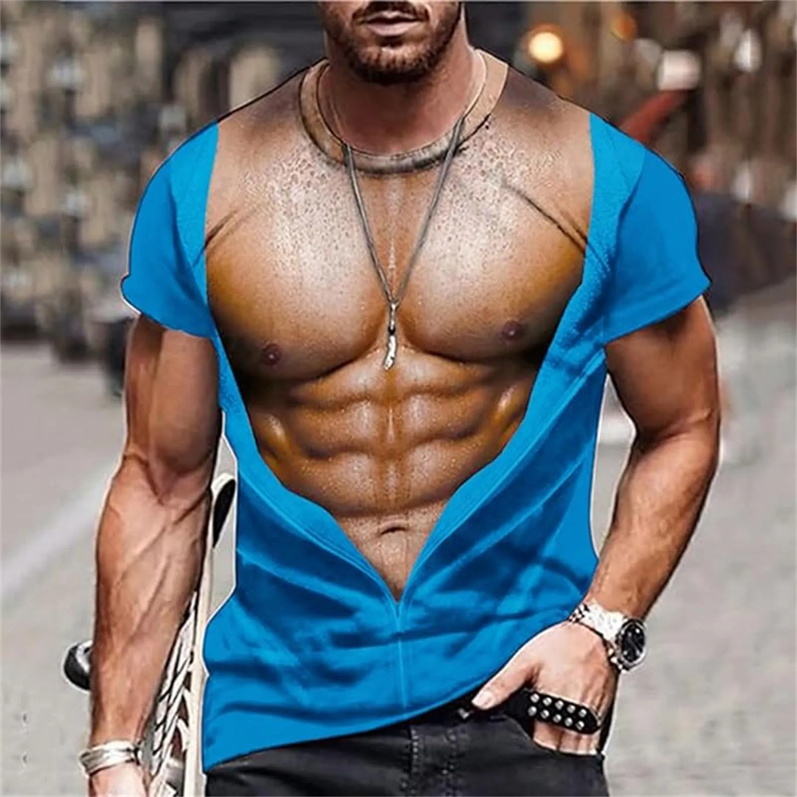 Maglia da uomo T-Shirt con stampa 3D di un gilet strappato e corpo muscoloso, maglietta divertente come scherzo per feste, carnevale o palestra, S - immagine 2