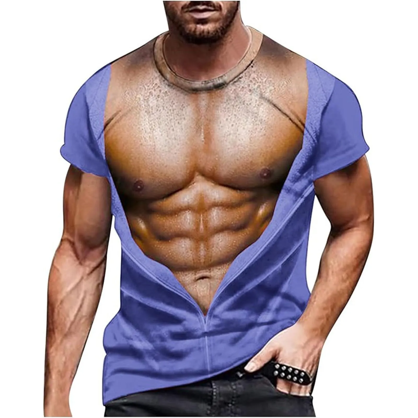 Maglietta da uomo con stampa 3D, gilet strappato e body muscolare, divertente maglietta divertente come scherzo per feste, carnevale o palestra, Stile_h14 lilla, 3XL - immagine 1