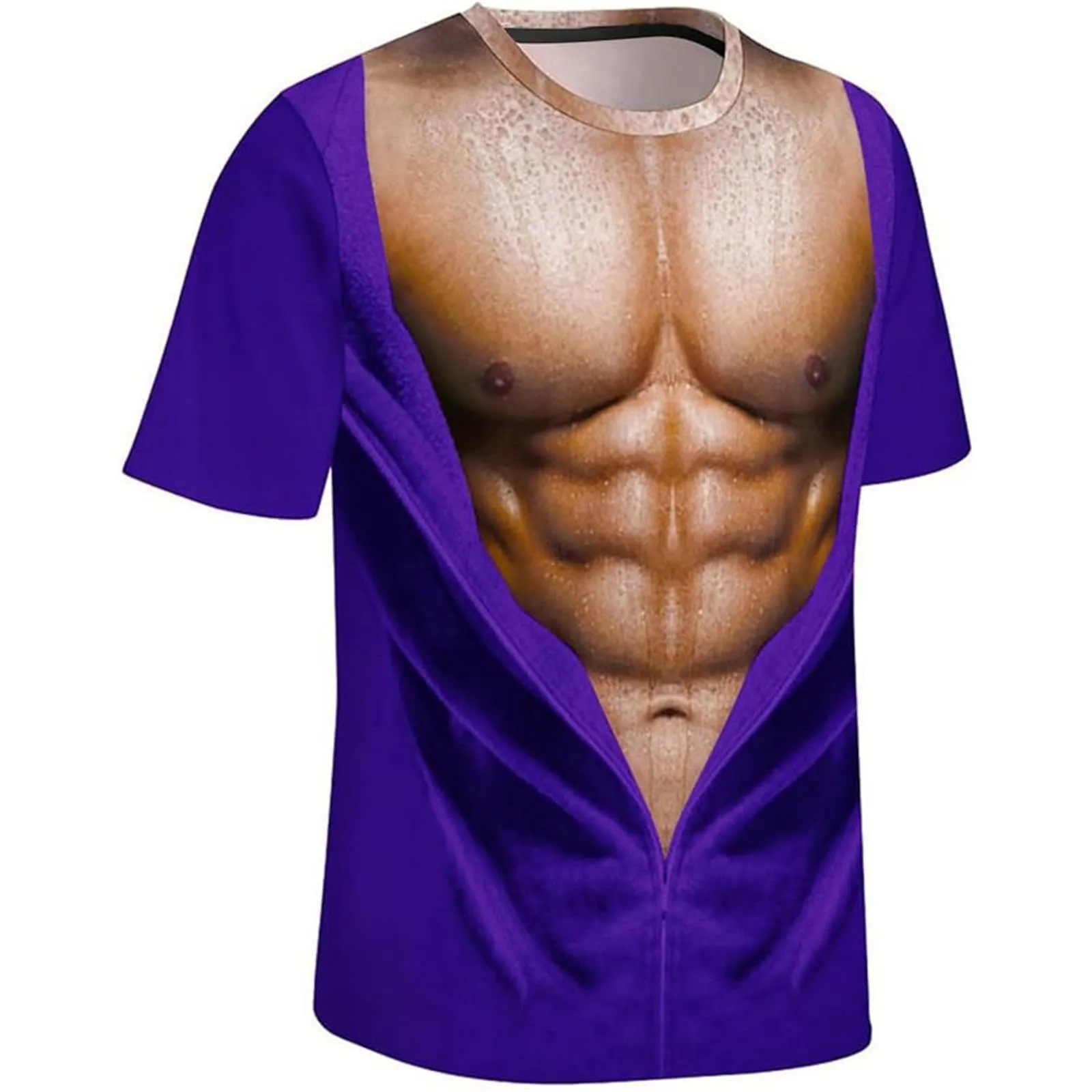 Maglietta da uomo con stampa 3D, gilet strappato e body muscolare, divertente maglietta divertente come scherzo per feste, carnevale o palestra, Stile_h06 lilla, L - immagine 3