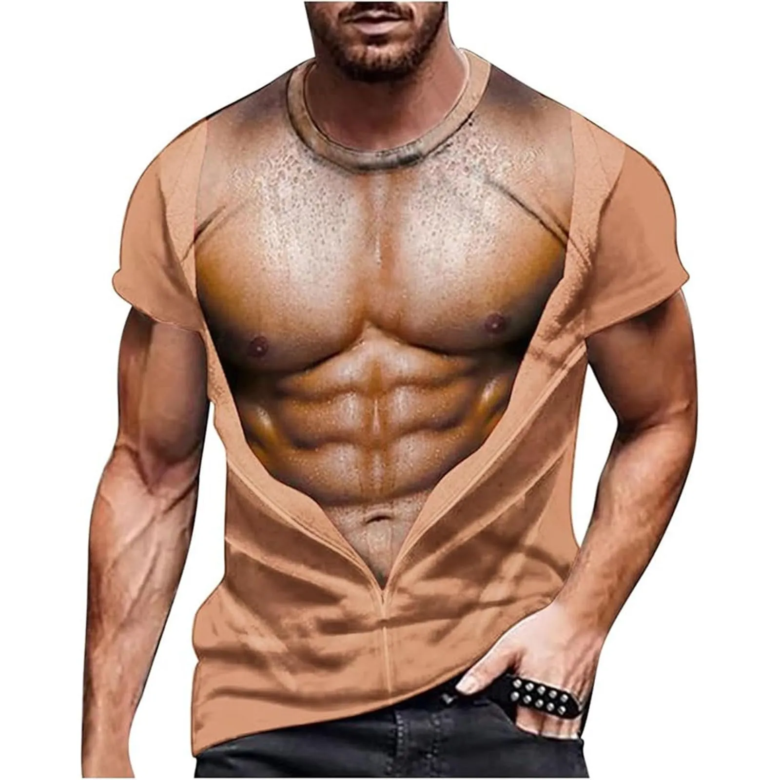 Maglietta da uomo con stampa 3D, gilet strappato e body muscolare, divertente maglietta divertente come scherzo per feste, carnevale o palestra, Stile_h12 cachi, S - immagine 1