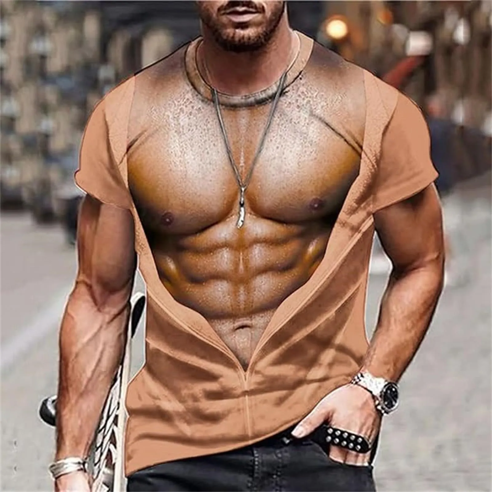 Maglietta da uomo con stampa 3D, gilet strappato e body muscolare, divertente maglietta divertente come scherzo per feste, carnevale o palestra, Stile_h12 cachi, S - immagine 2