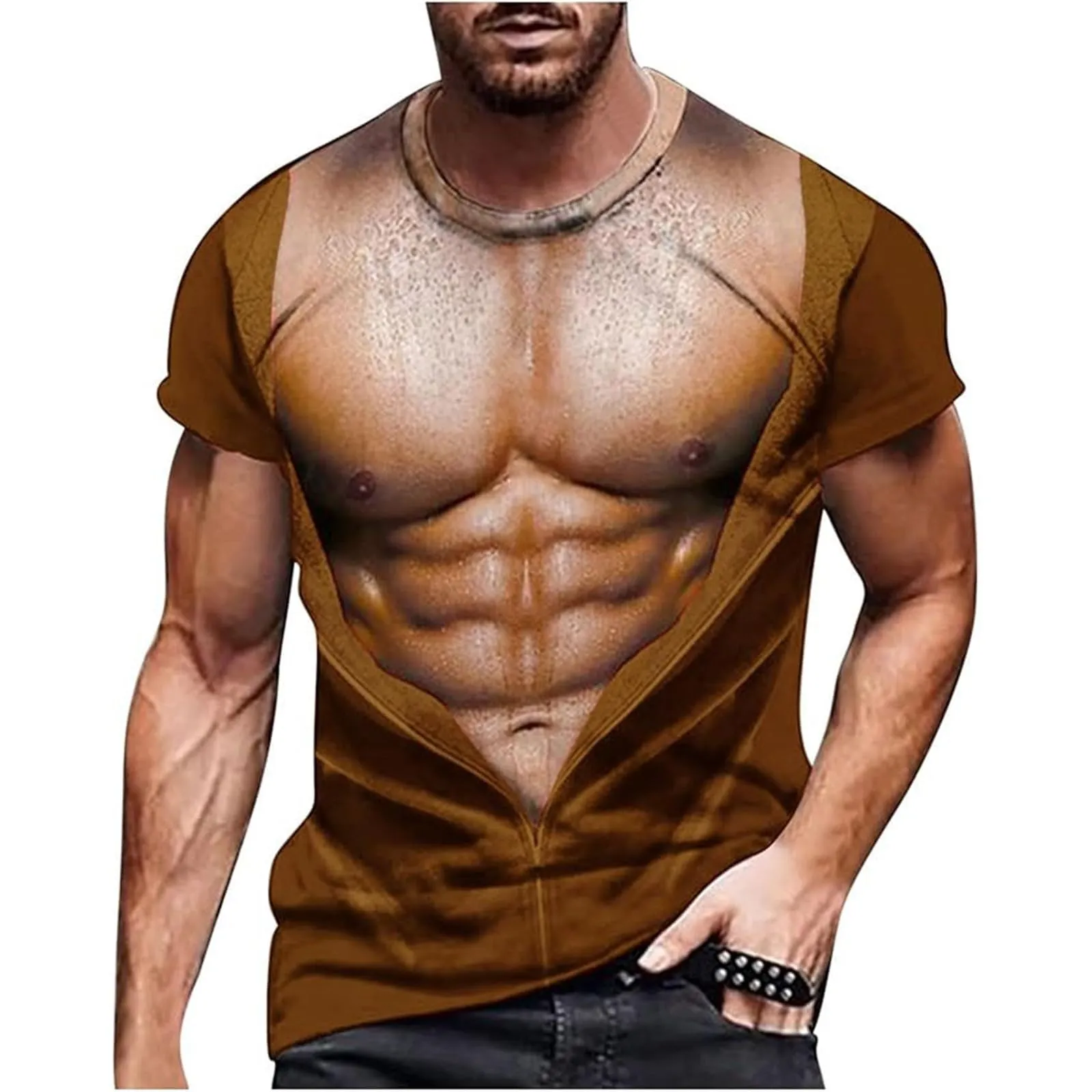 Maglietta da uomo con stampa 3D, gilet strappato e body muscolare, divertente maglietta divertente come scherzo per feste, carnevale o palestra, Stile_h04 marrone, L - immagine 1