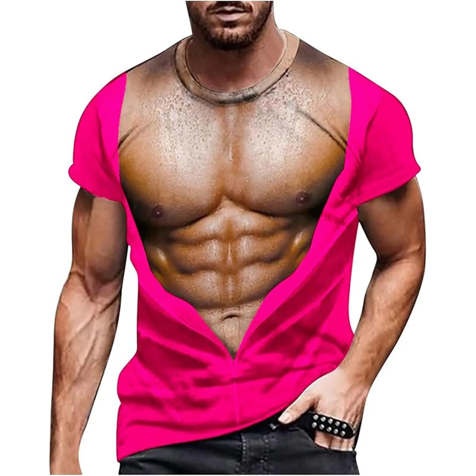 Maglietta da uomo con stampa 3D, gilet strappato e body muscolare, divertente maglietta divertente come scherzo per feste, carnevale o palestra, Stile_h11 rosa acceso, 3XL - immagine 1