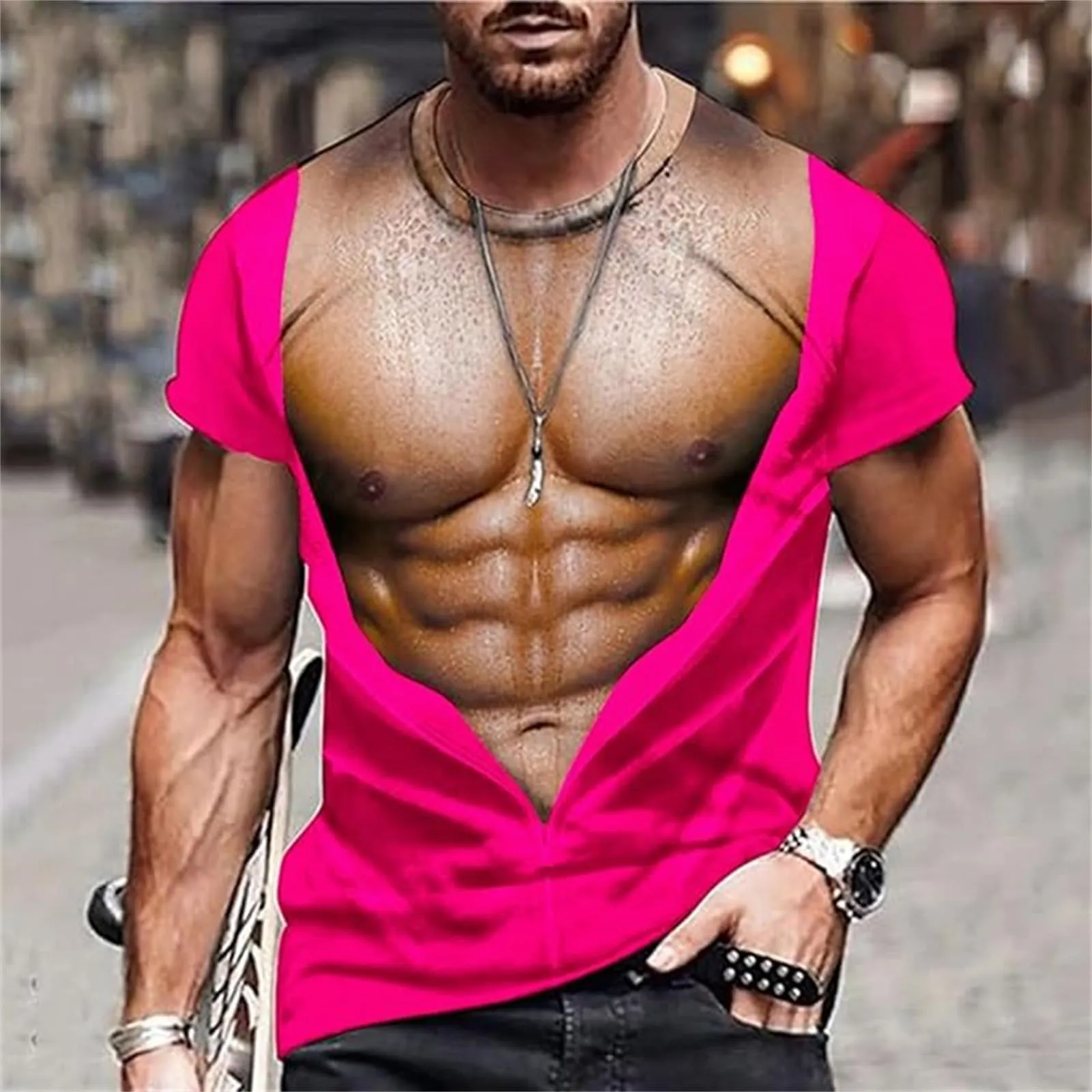 Maglietta da uomo con stampa 3D, gilet strappato e body muscolare, divertente maglietta divertente come scherzo per feste, carnevale o palestra, Stile_h11 rosa acceso, 3XL - immagine 2