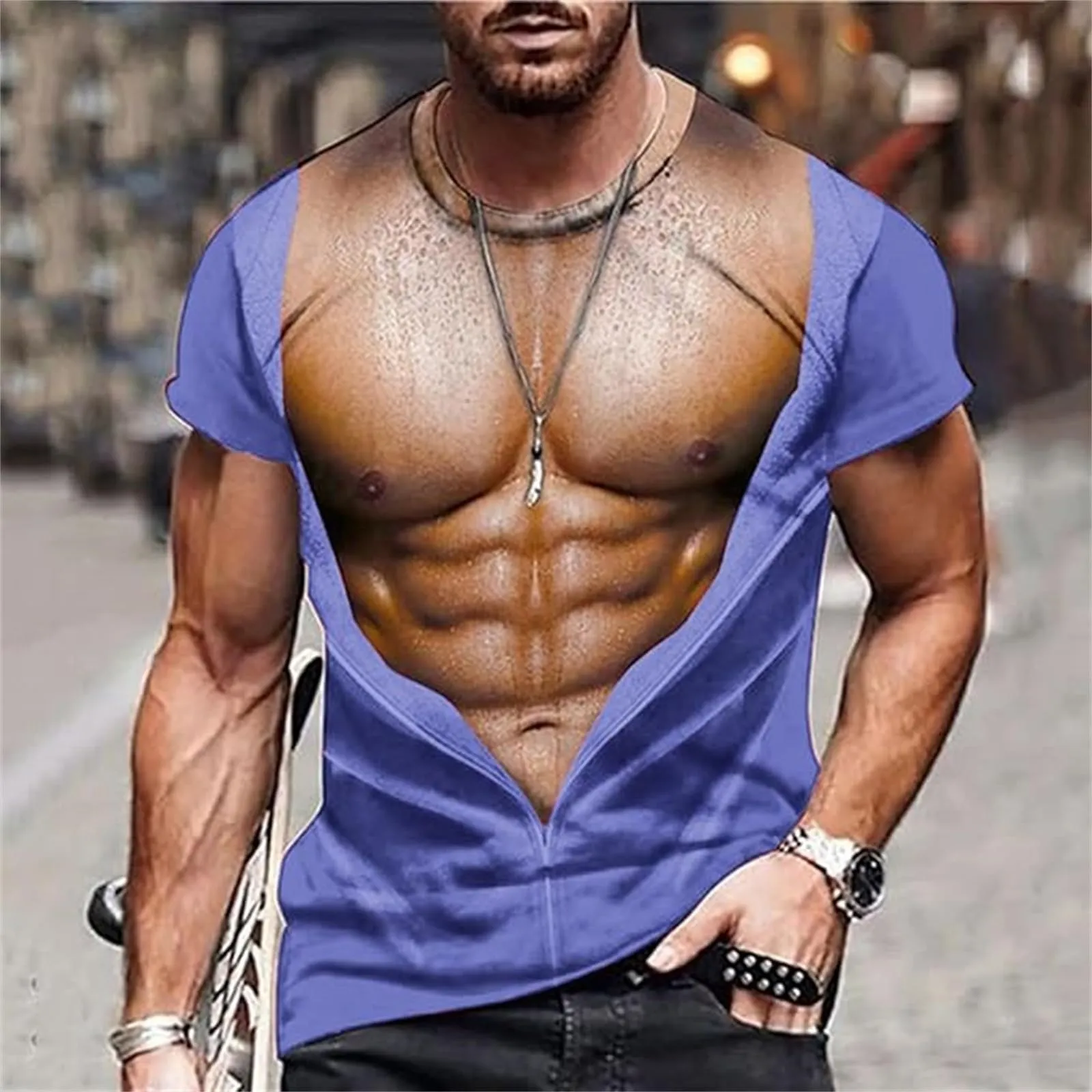 Maglietta da uomo con stampa 3D, gilet strappato e body muscolare, divertente maglietta divertente come scherzo per feste, carnevale o palestra, Stile_h14 lilla, XL - immagine 2