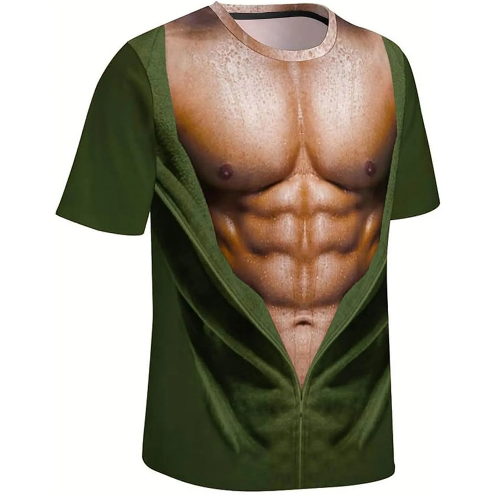 Maglietta da uomo con stampa 3D, gilet strappato e body muscolare, divertente maglietta divertente come scherzo per feste, carnevale o palestra, Stile_h01 verde militare, M - immagine 3