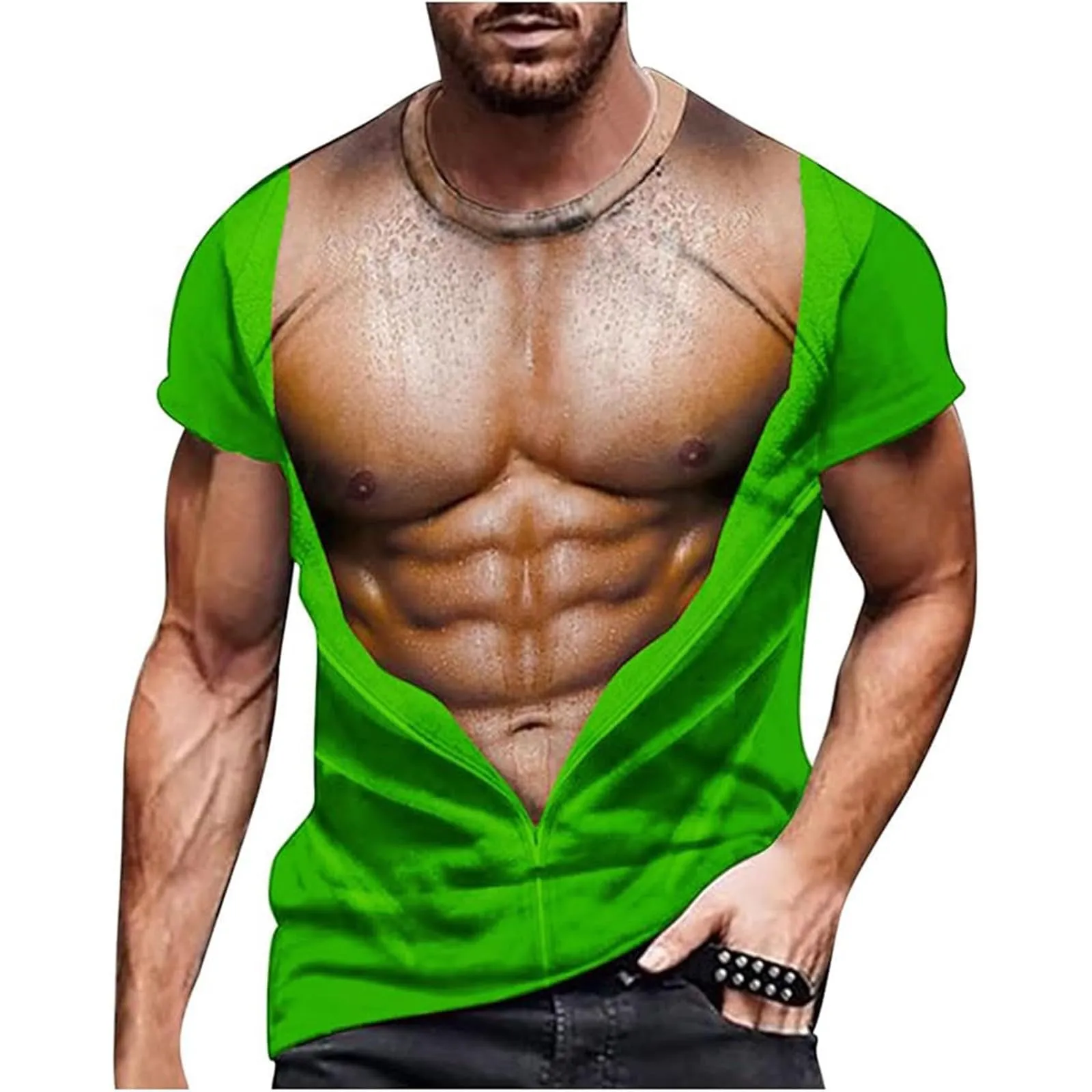 Maglietta da uomo con stampa 3D, gilet strappato e body muscolare, divertente maglietta divertente come scherzo per feste, carnevale o palestra, Stile_h09 verde, S - immagine 1