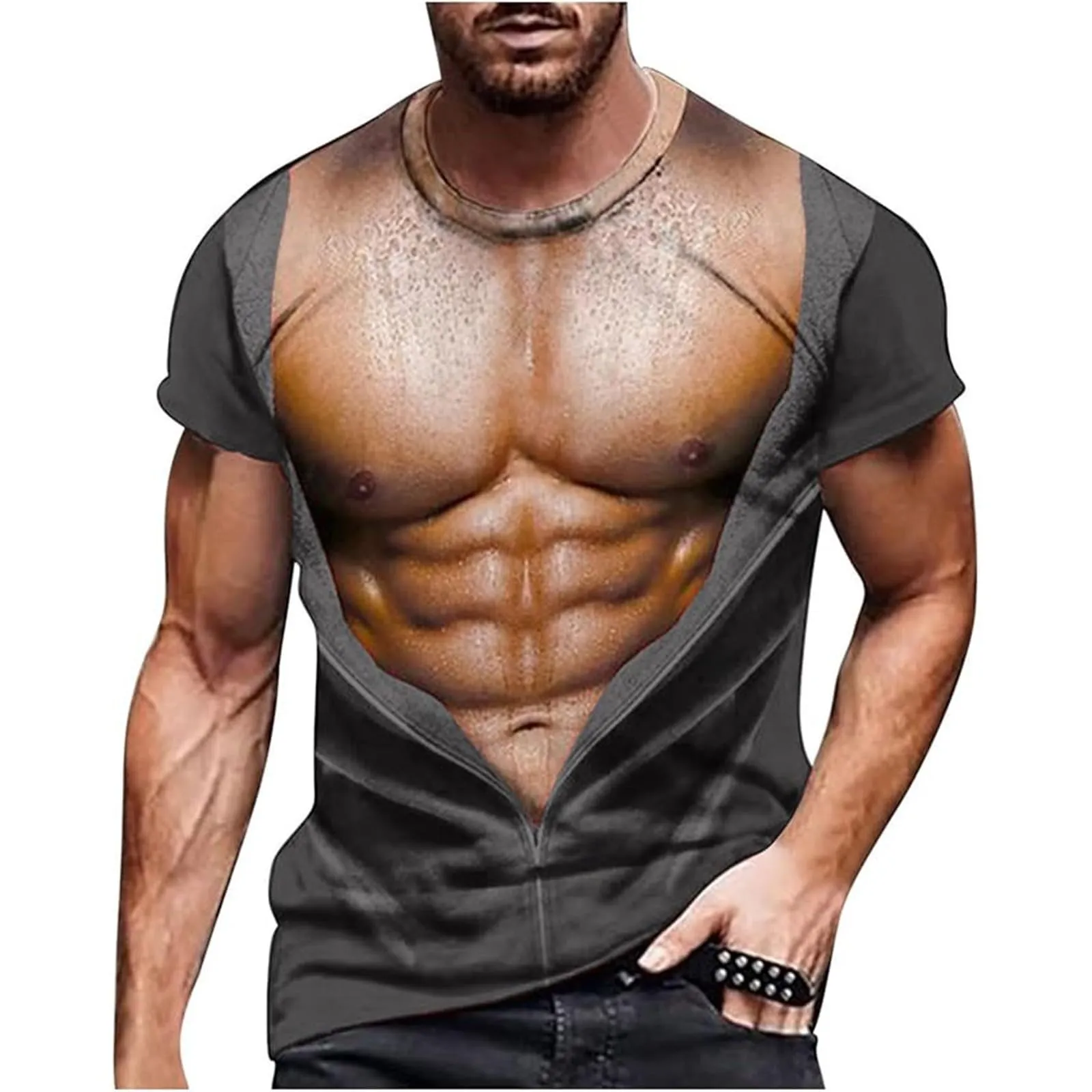 Maglia da uomo con stampa 3D di un gilet strappato e corpo muscoloso, divertente maglietta da usare come scherzo per feste, Carnevale o in palestra, 3XL - immagine 1