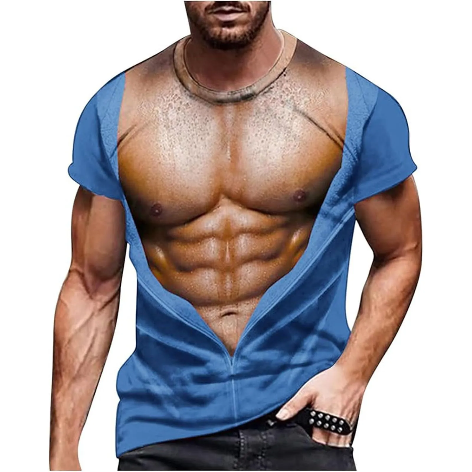Maglietta da uomo con stampa 3D, gilet strappato e body muscolare, divertente maglietta divertente come scherzo per feste, carnevale o palestra, Stile_h13 blu, XL - immagine 1