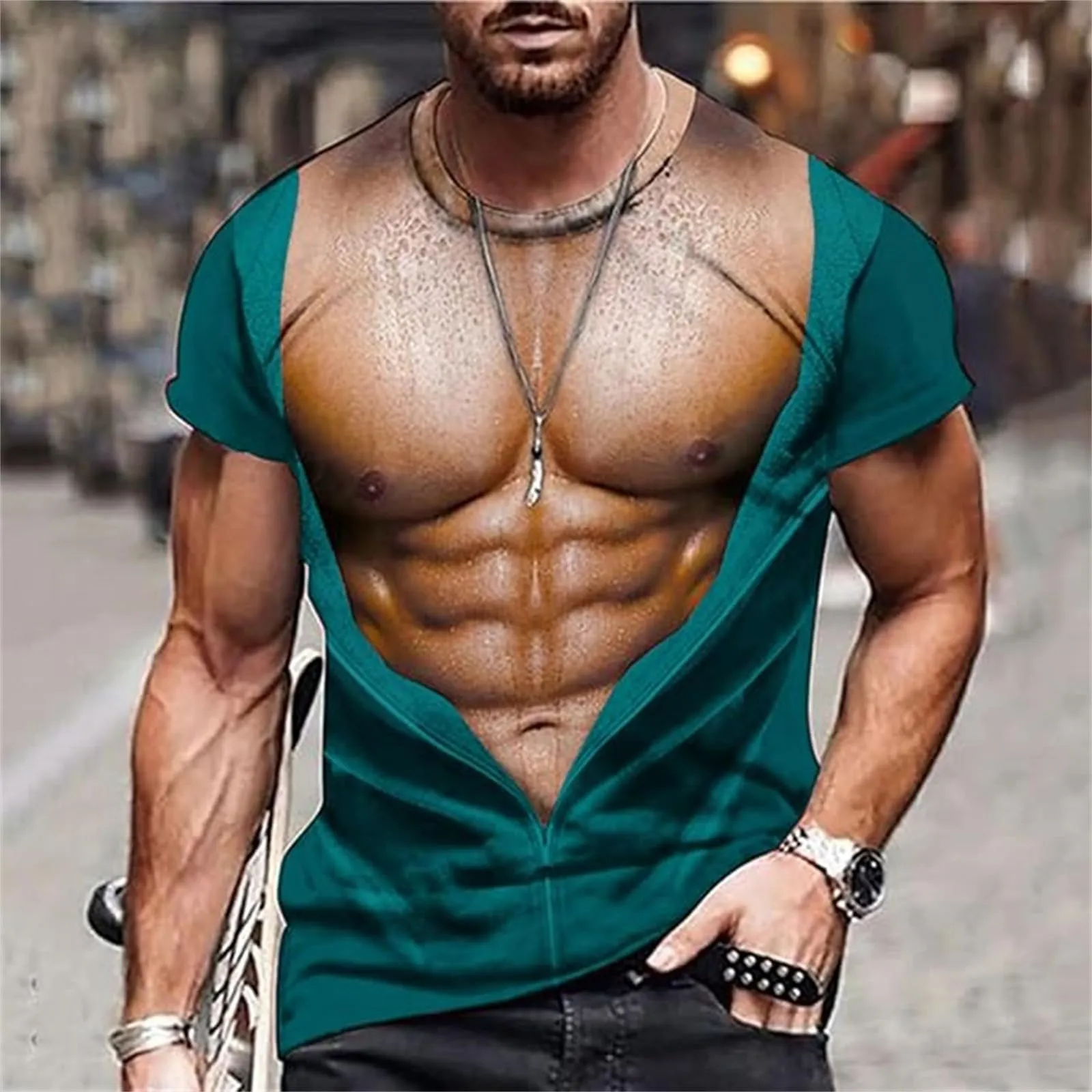 Maglietta da uomo con stampa 3D, gilet strappato e body muscolare, divertente maglietta divertente come scherzo per feste, carnevale o palestra, Stile_h05 verde, 3XL - immagine 2