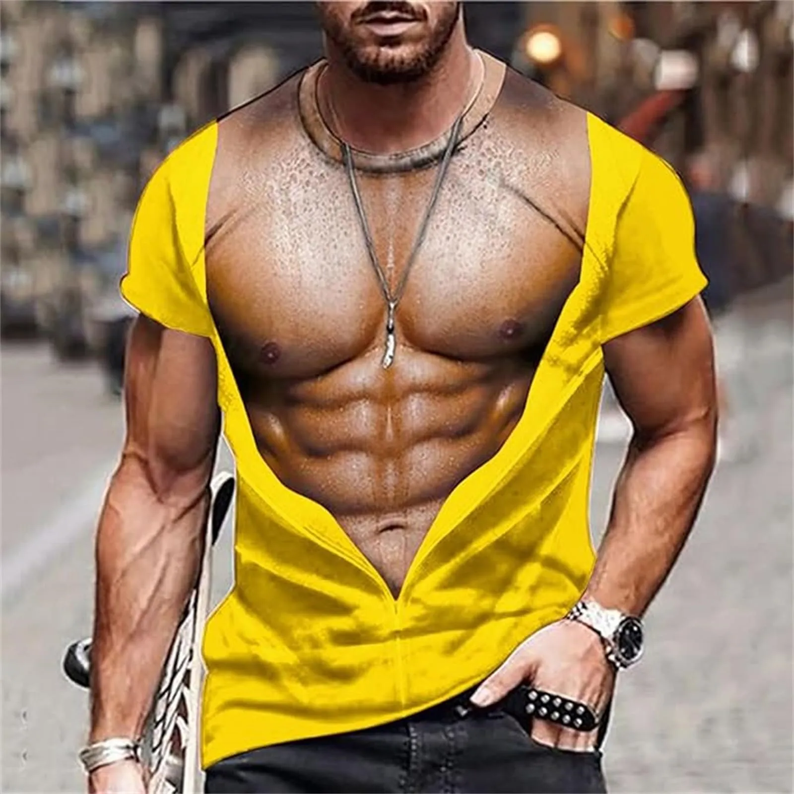 Maglietta da uomo con stampa 3D, gilet strappato e body muscolare, divertente maglietta divertente come scherzo per feste, carnevale o palestra, Stile_h24 giallo, 3XL - immagine 2