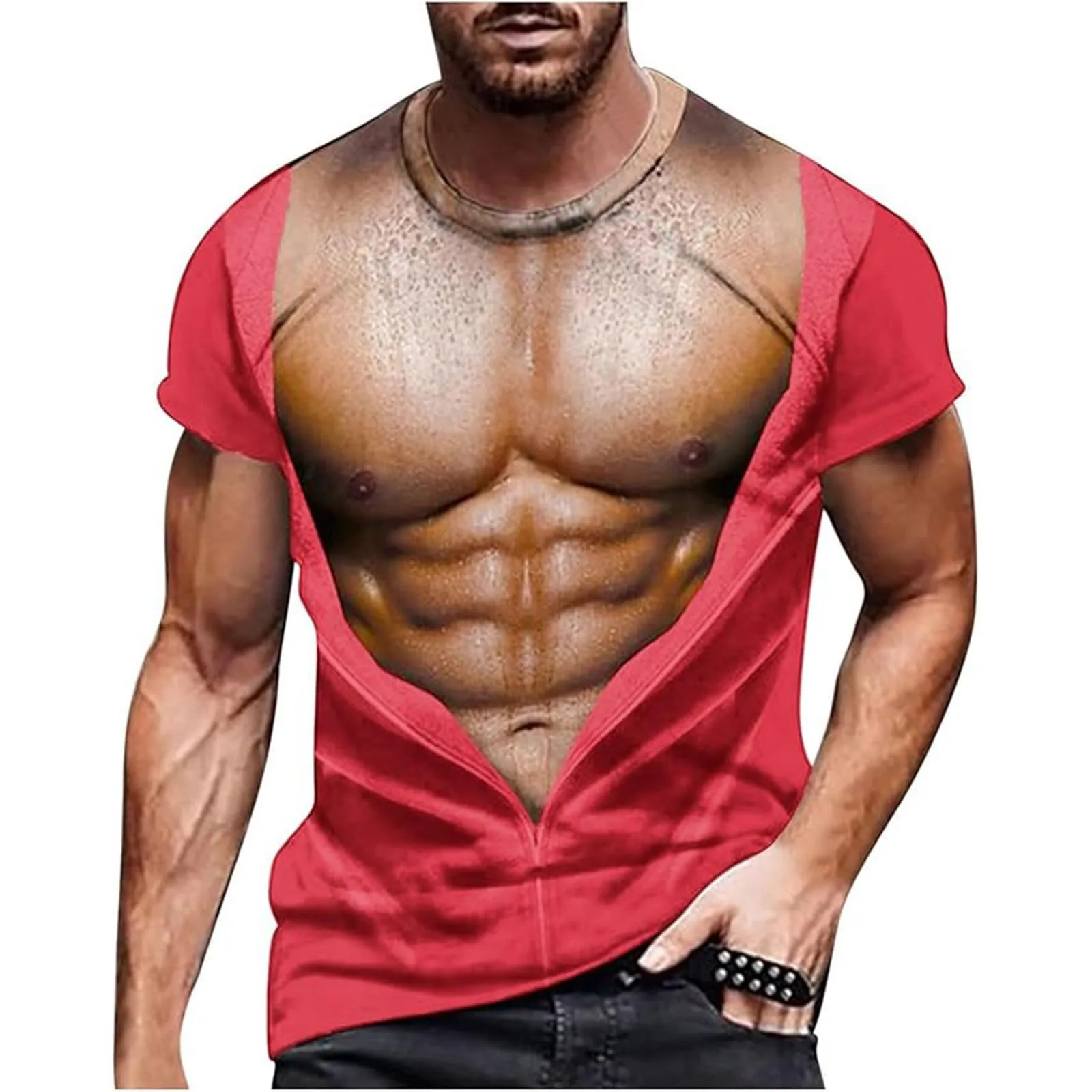 Maglietta da uomo con stampa 3D, gilet strappato e body muscolare, divertente maglietta divertente come scherzo per feste, carnevale o palestra, Stile_h18 rosa, L - immagine 1