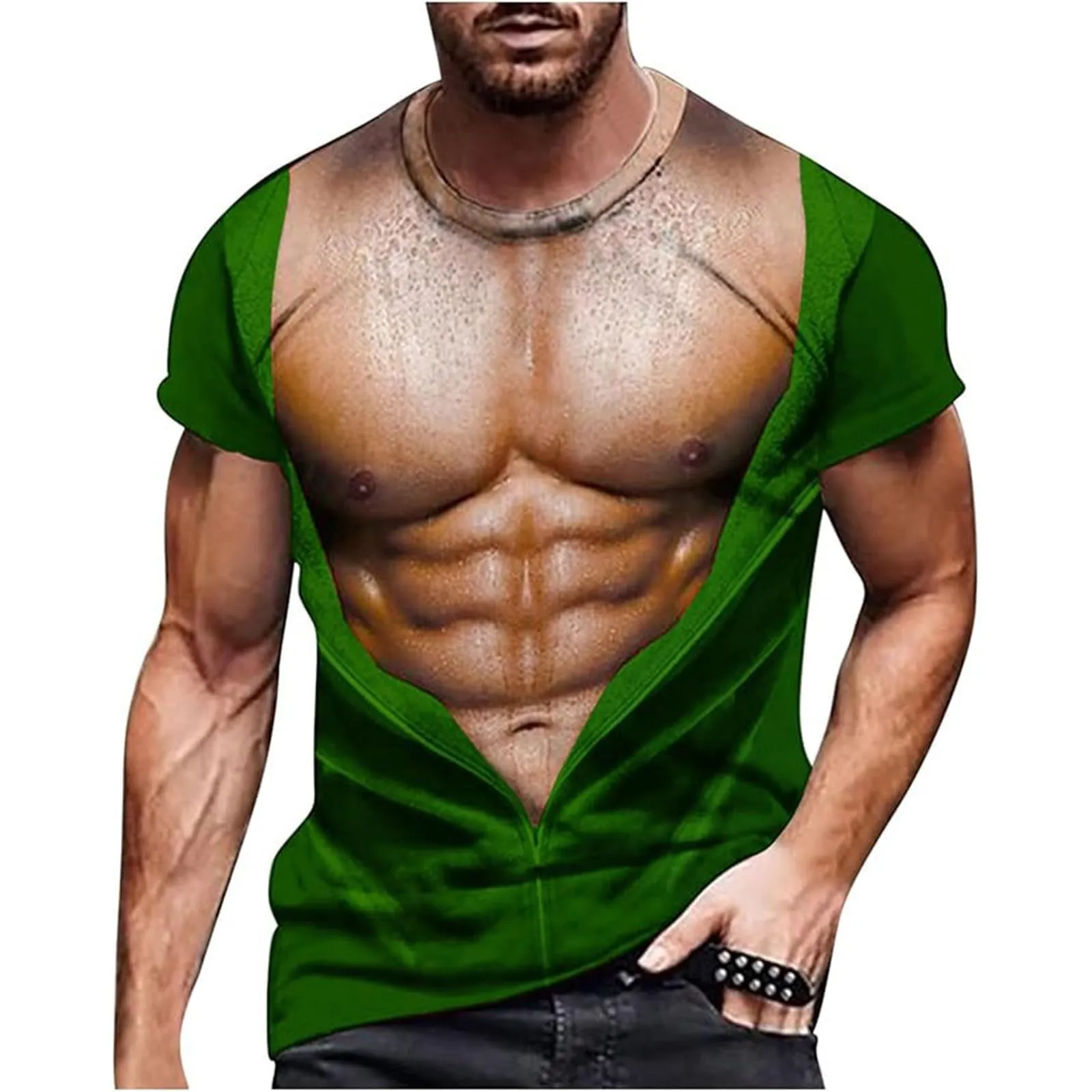 Maglietta da uomo con stampa 3D, gilet strappato e body muscolare, divertente maglietta divertente come scherzo per feste, carnevale o palestra, Stile_h08 verde, M - immagine 1