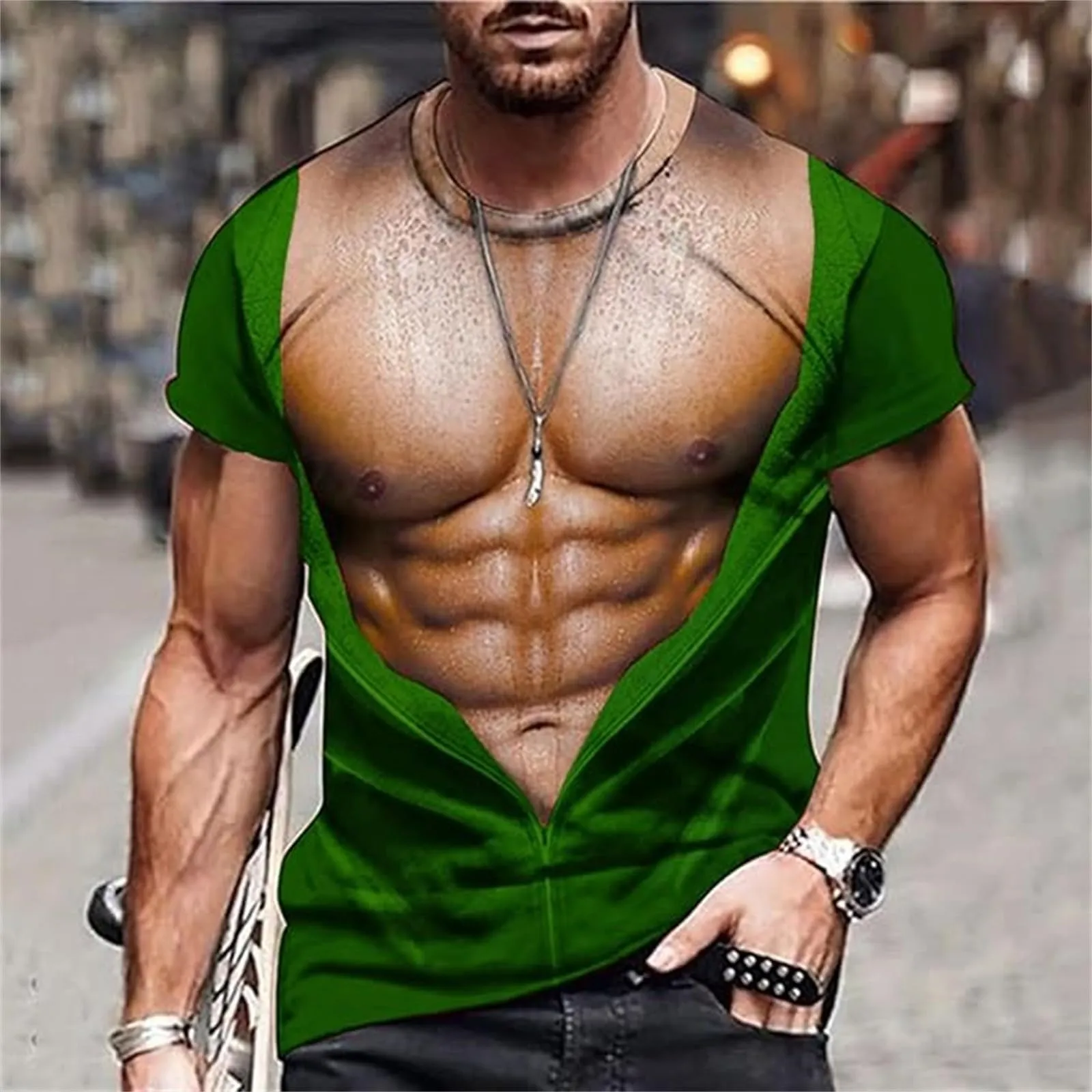 Maglietta da uomo con stampa 3D, gilet strappato e body muscolare, divertente maglietta divertente come scherzo per feste, carnevale o palestra, Stile_h08 verde, M - immagine 2