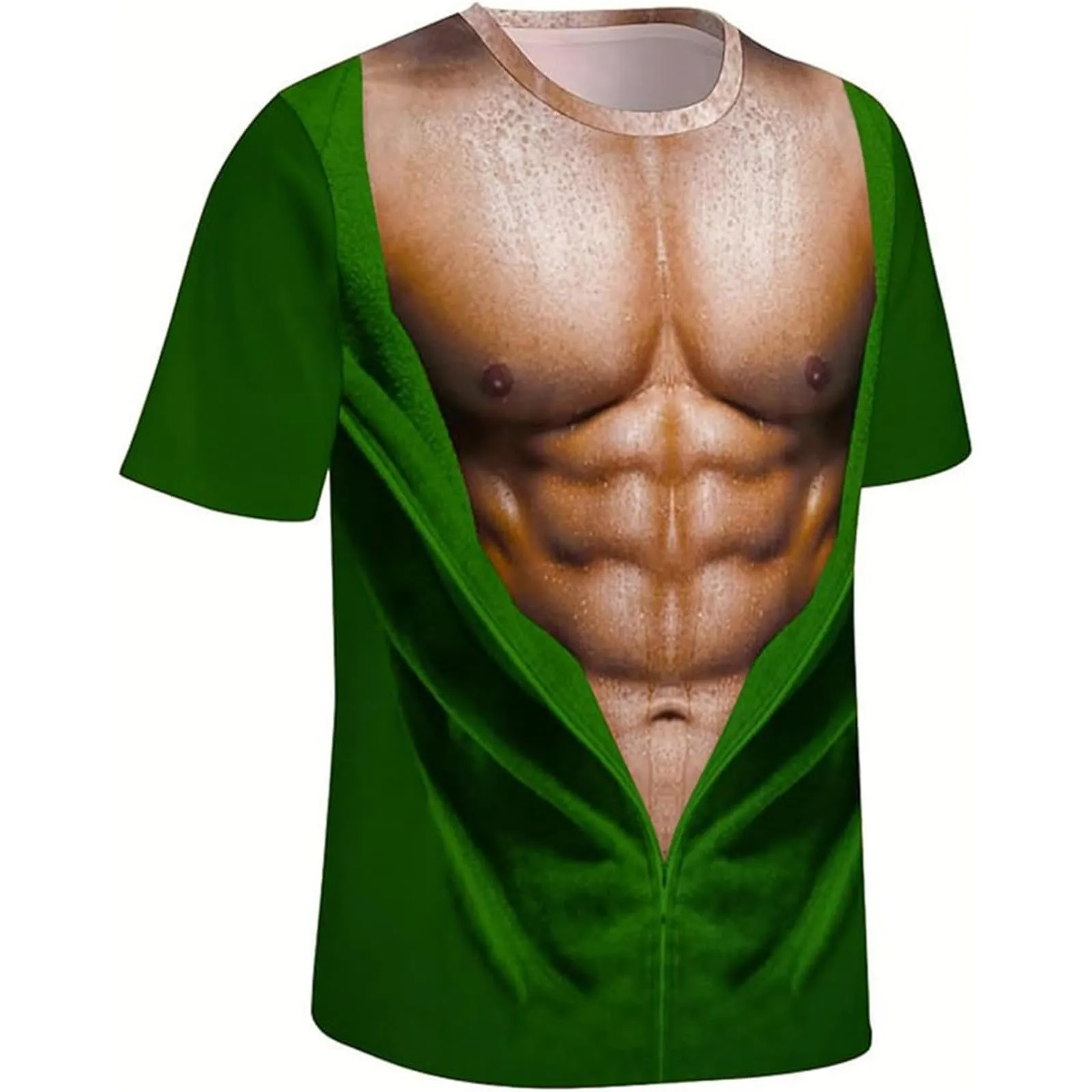 Maglietta da uomo con stampa 3D, gilet strappato e body muscolare, divertente maglietta divertente come scherzo per feste, carnevale o palestra, Stile_h08 verde, M - immagine 3