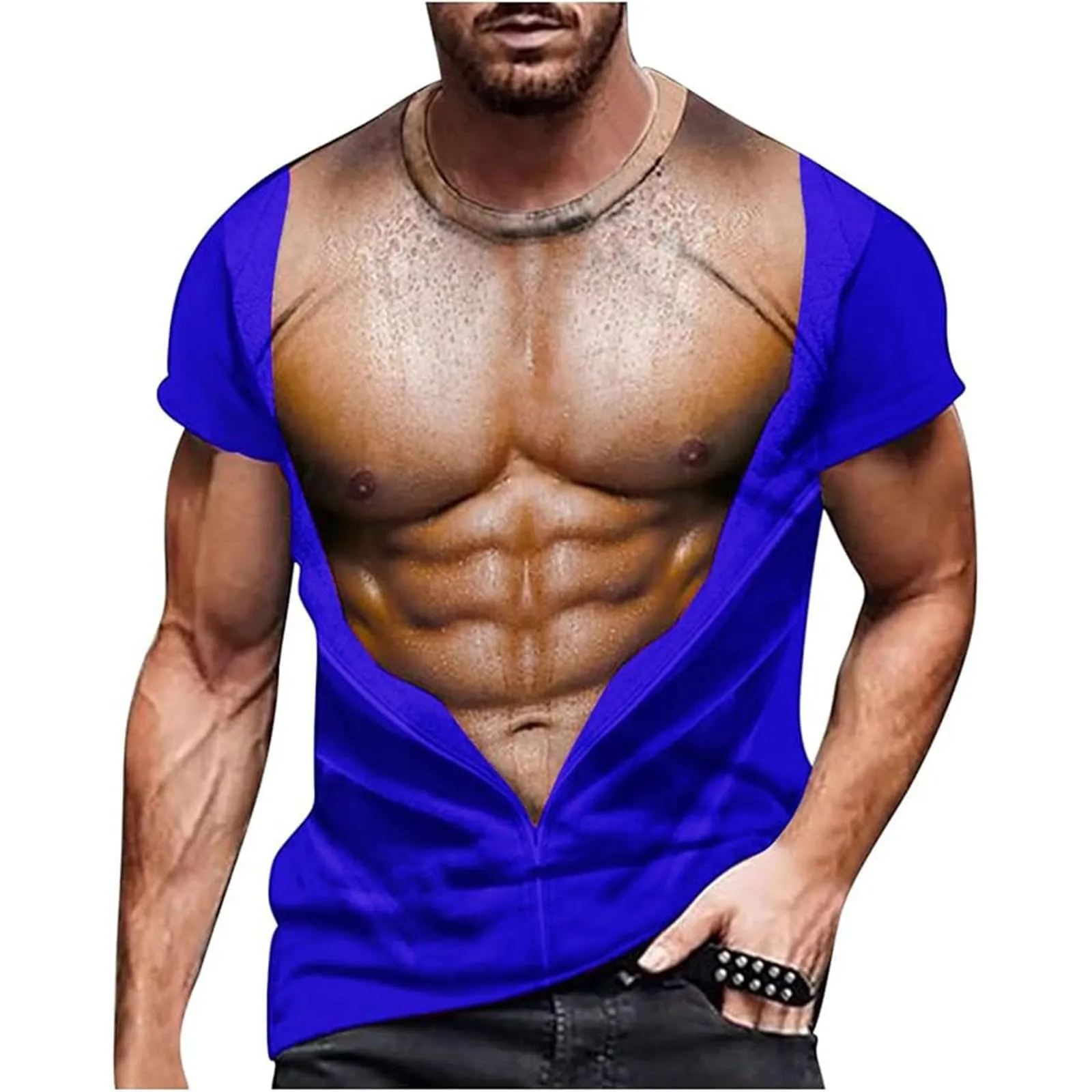 Maglietta da uomo con stampa 3D, gilet strappato e body muscolare, divertente maglietta divertente come scherzo per feste, carnevale o palestra, Stile_h03 blu, XL - immagine 1