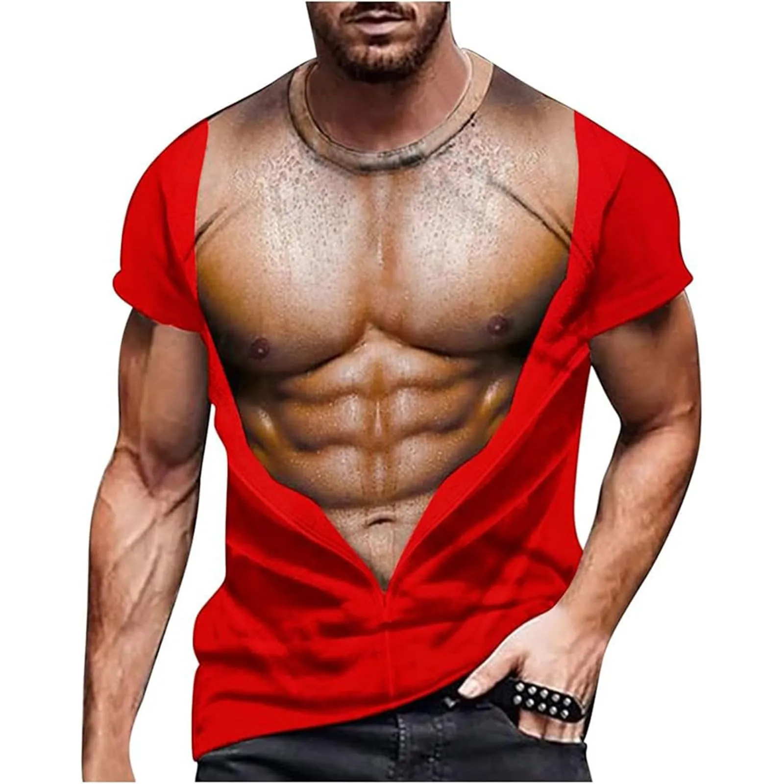 Maglietta da uomo con stampa 3D, gilet strappato e body muscolare, divertente maglietta divertente come scherzo per feste, carnevale o palestra, Stile_h20 rosso, XXL - immagine 1