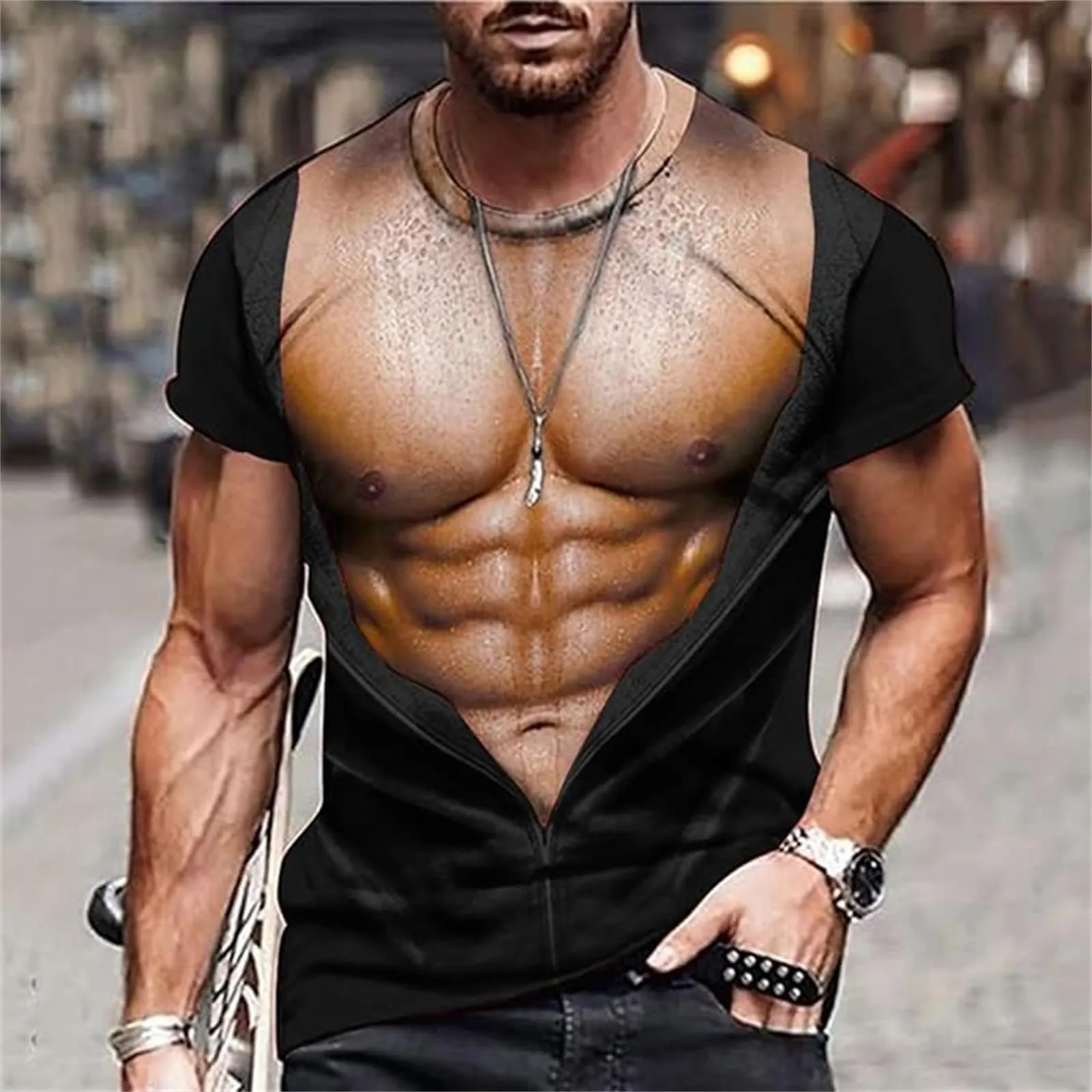 Maglietta da uomo con stampa 3D di un gilet strappato e body muscolare, maglietta divertente come scherzo per feste, Carnevale o la palestra, 3XL - immagine 2
