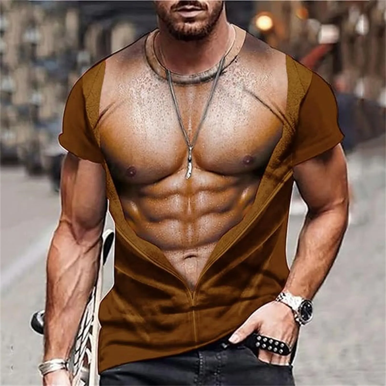 Maglietta da uomo con stampa 3D, gilet strappato e body muscolare, divertente maglietta divertente come scherzo per feste, carnevale o palestra, Stile_h04 marrone, XL - immagine 2