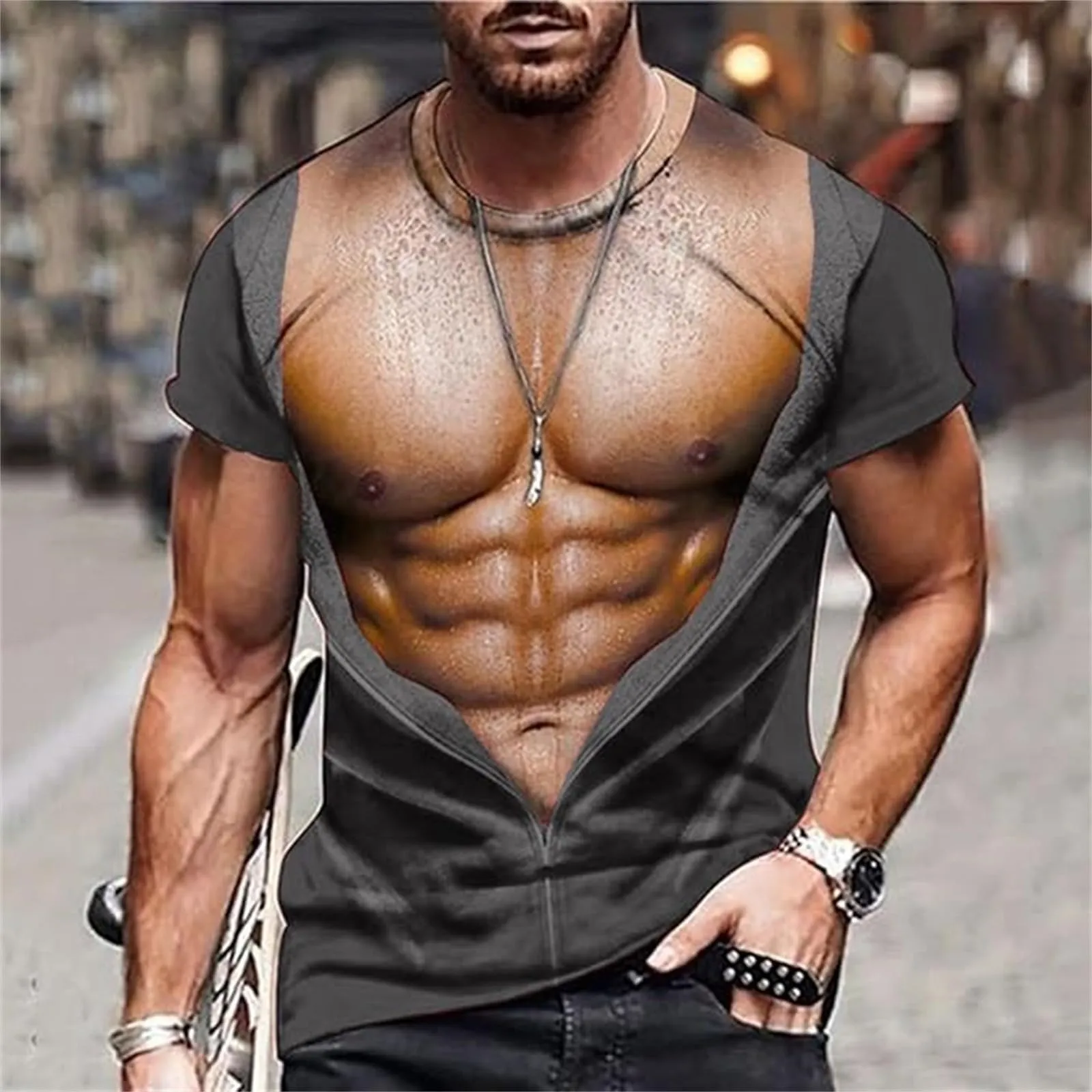 Maglietta da uomo con stampa 3D, gilet strappato e body muscolare, divertente maglietta divertente come scherzo per feste, carnevale o palestra, Stile_h10 grigio, XXL - immagine 2