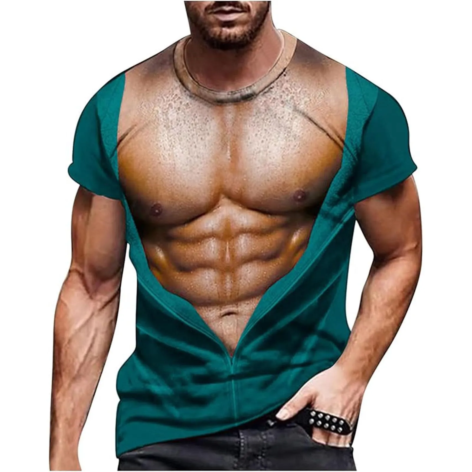 Maglietta da uomo con stampa 3D, gilet strappato e body muscolare, divertente maglietta divertente come scherzo per feste, carnevale o palestra, Stile_h05 verde, S - immagine 1