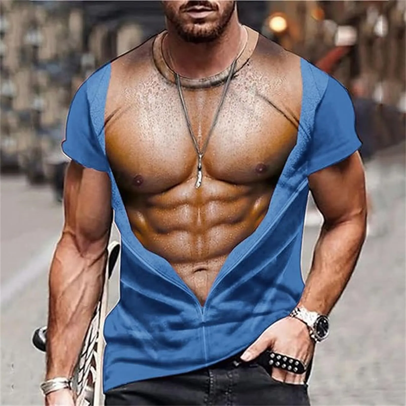 Maglietta da uomo con stampa 3D, gilet strappato e body muscolare, divertente maglietta divertente come scherzo per feste, carnevale o palestra, Stile_h13 blu, M - immagine 2
