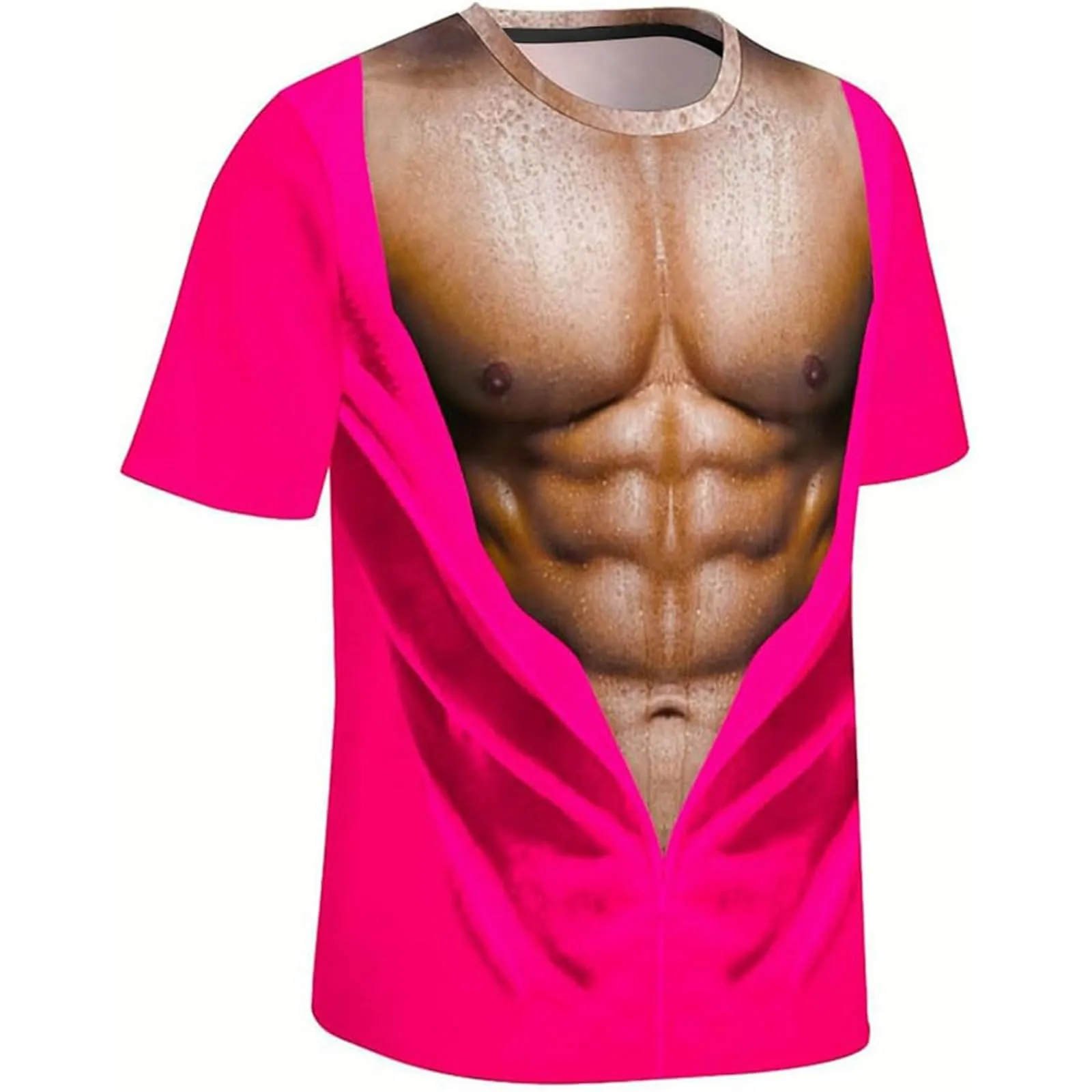 Maglietta da uomo con stampa 3D, gilet strappato e body muscolare, divertente maglietta divertente come scherzo per feste, carnevale o palestra, Stile_h11 rosa acceso, XL - immagine 3