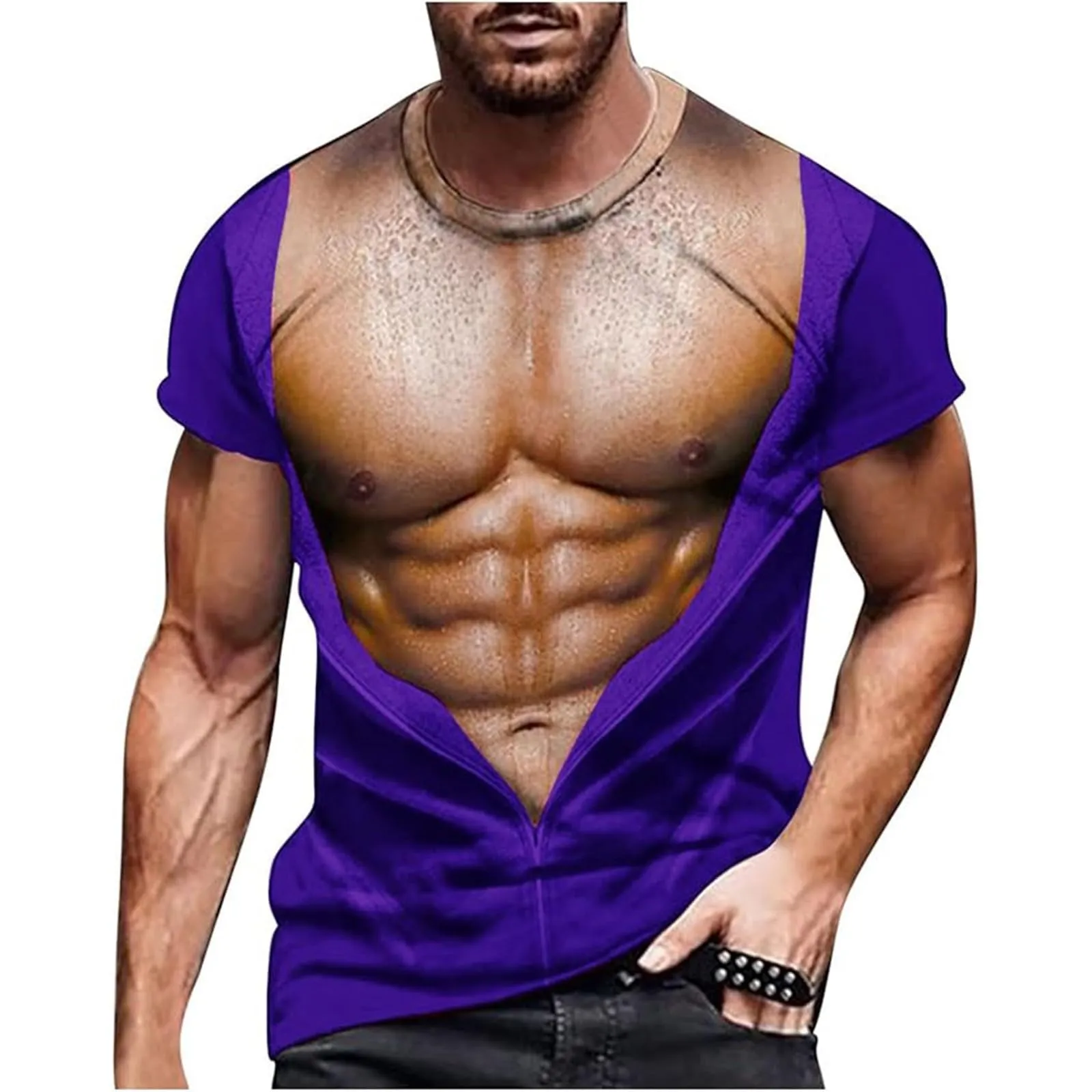 Maglietta da uomo con stampa 3D, gilet strappato e body muscolare, divertente maglietta divertente come scherzo per feste, carnevale o palestra, Stile_h06 lilla, S - immagine 1