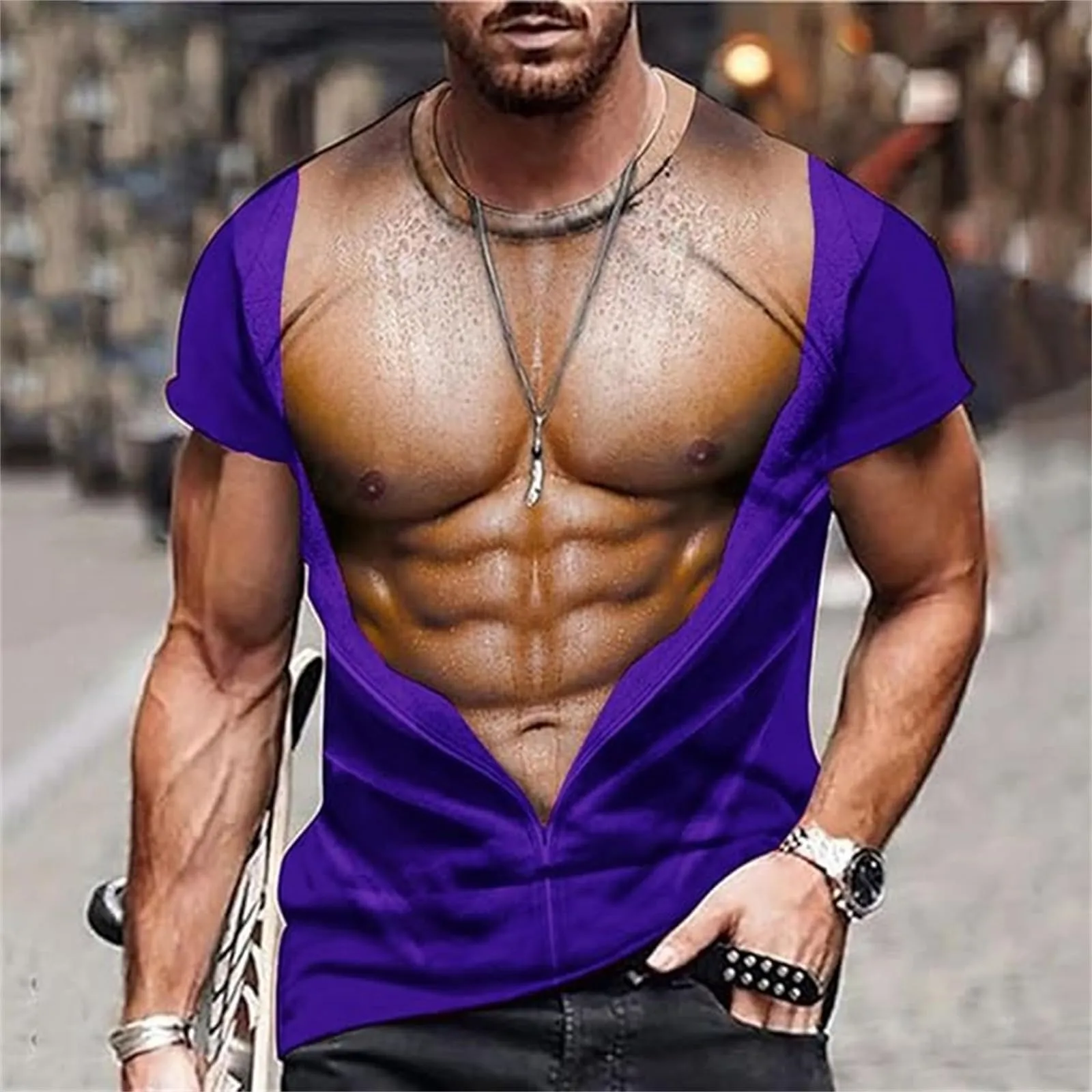 Maglietta da uomo con stampa 3D, gilet strappato e body muscolare, divertente maglietta divertente come scherzo per feste, carnevale o palestra, Stile_h06 lilla, S - immagine 2