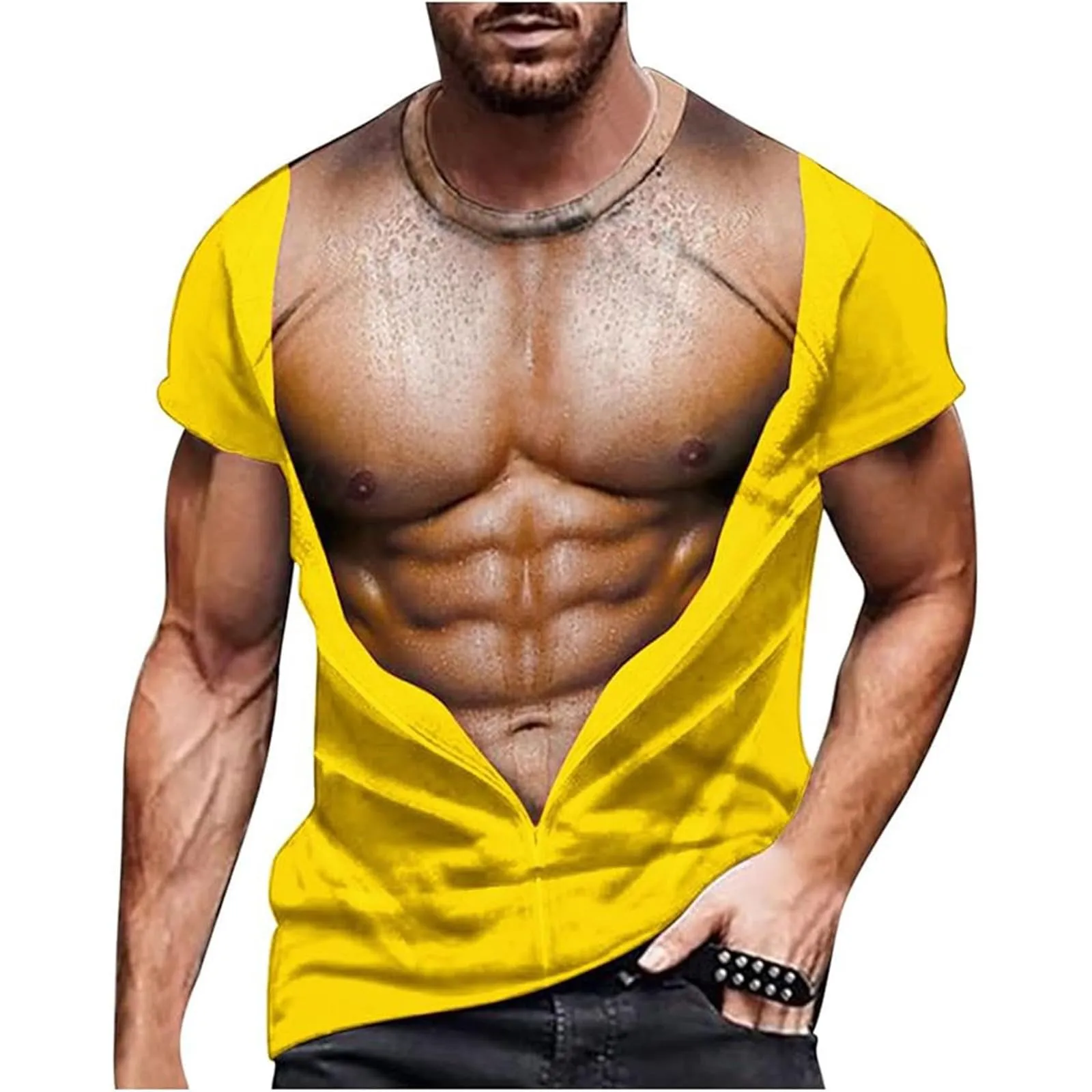 Maglietta da uomo con stampa 3D, gilet strappato e body muscolare, divertente maglietta divertente come scherzo per feste, carnevale o palestra, Stile_h24 giallo, XL - immagine 1