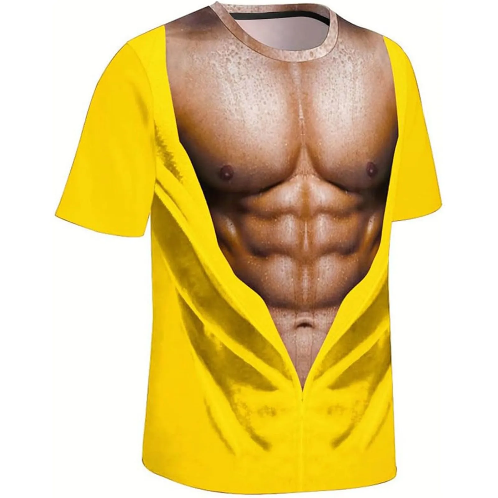 Maglietta da uomo con stampa 3D, gilet strappato e body muscolare, divertente maglietta divertente come scherzo per feste, carnevale o palestra, Stile_h24 giallo, XL - immagine 3