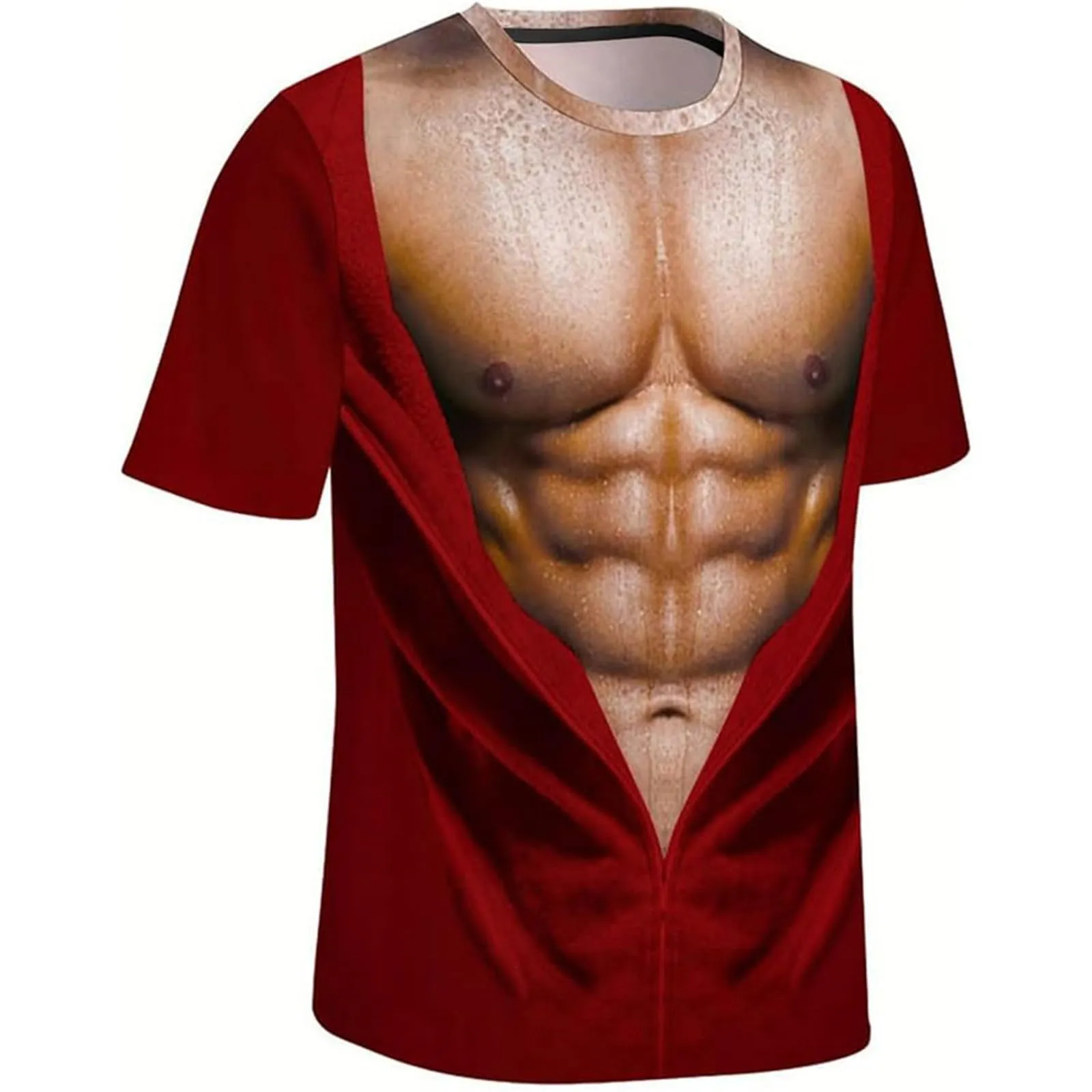 Maglietta da uomo con stampa 3D, gilet strappato e body muscolare, divertente maglietta divertente come scherzo per feste, carnevale o palestra, Stile_h22 rosso vinaccia, XL - immagine 3