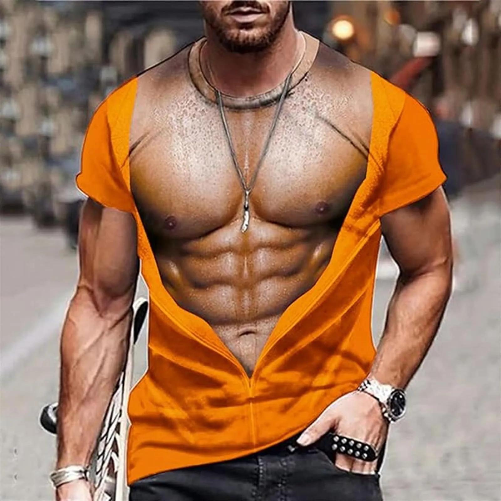 Maglia da uomo T-shirt con stampa 3D di un gilet strappato e corpo muscoloso, maglietta divertente come scherzo per feste, carnevale o palestra, 3XL - immagine 2