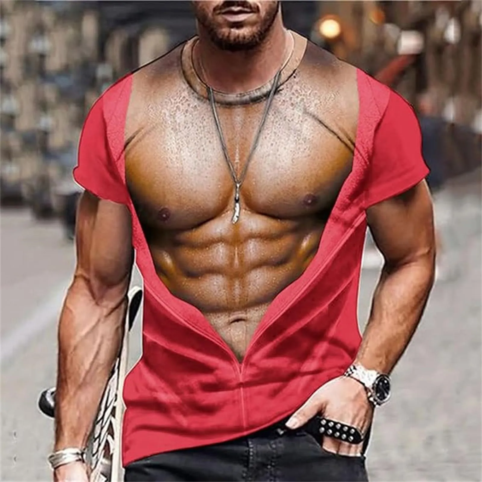 Maglietta da uomo con stampa 3D, gilet strappato e body muscolare, divertente maglietta divertente come scherzo per feste, carnevale o palestra, Stile_h18 rosa, S - immagine 2