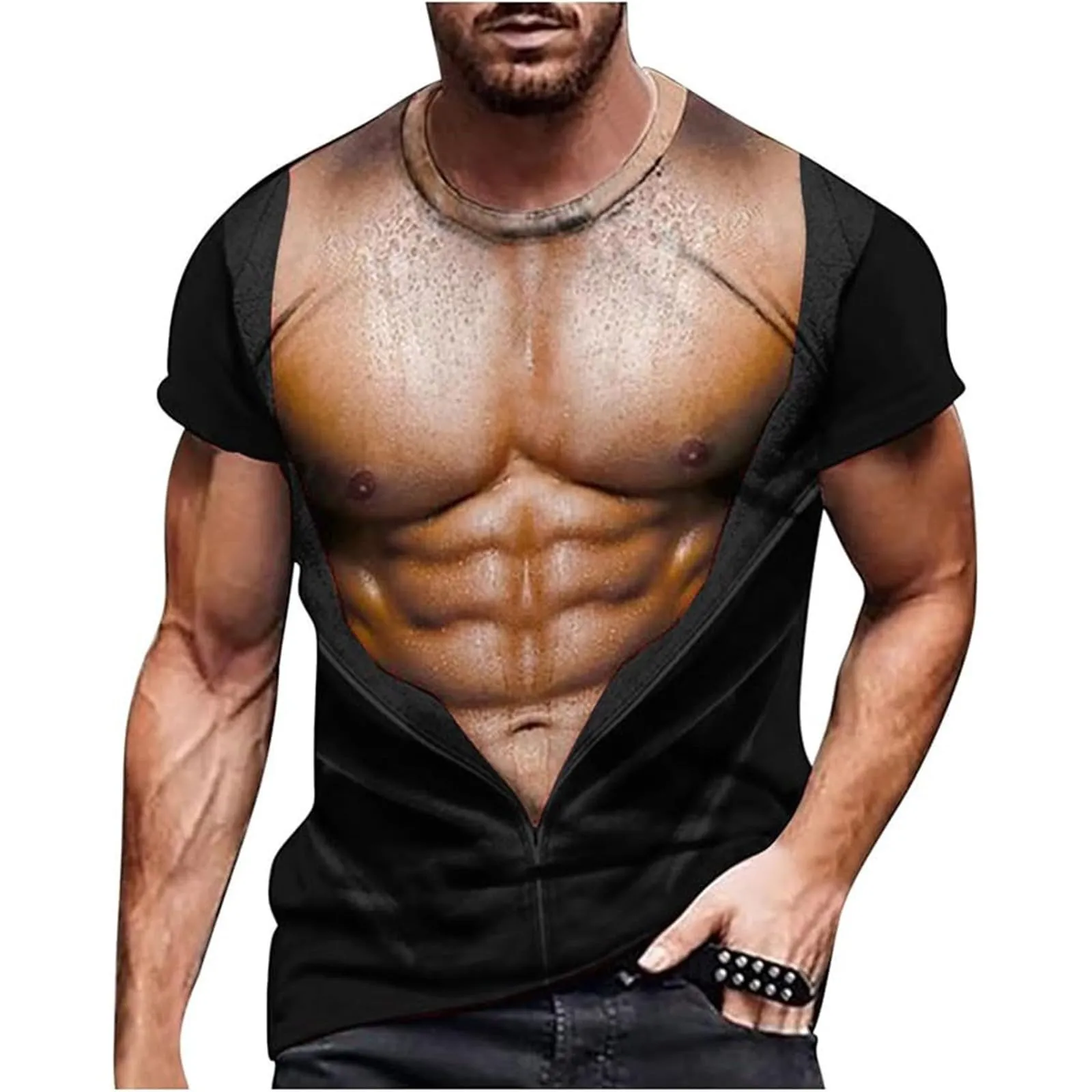 Maglia da uomo con stampa 3D di un gilet strappato e corpo muscoloso, divertente maglietta da usare come scherzo per feste, Carnevale o in palestra, XXL - immagine 1