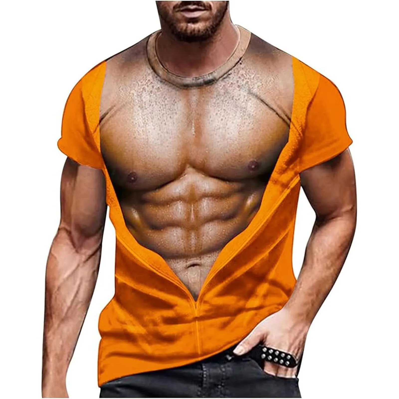 Maglietta da uomo con stampa 3D, gilet strappato e body muscolare, divertente maglietta divertente come scherzo per feste, carnevale o palestra, Stile_h17 arancione, XXL - immagine 1