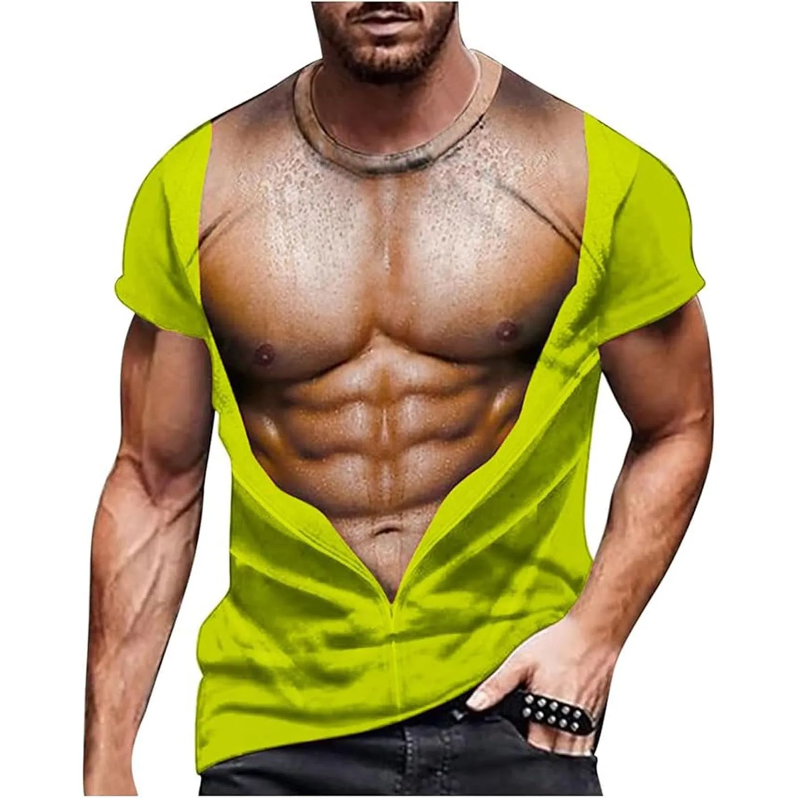 Maglietta da uomo con stampa 3D di un gilet strappato e body muscoloso, divertente Fun-Shirt come scherzo per feste, carnevale o palestra, XL - immagine 1