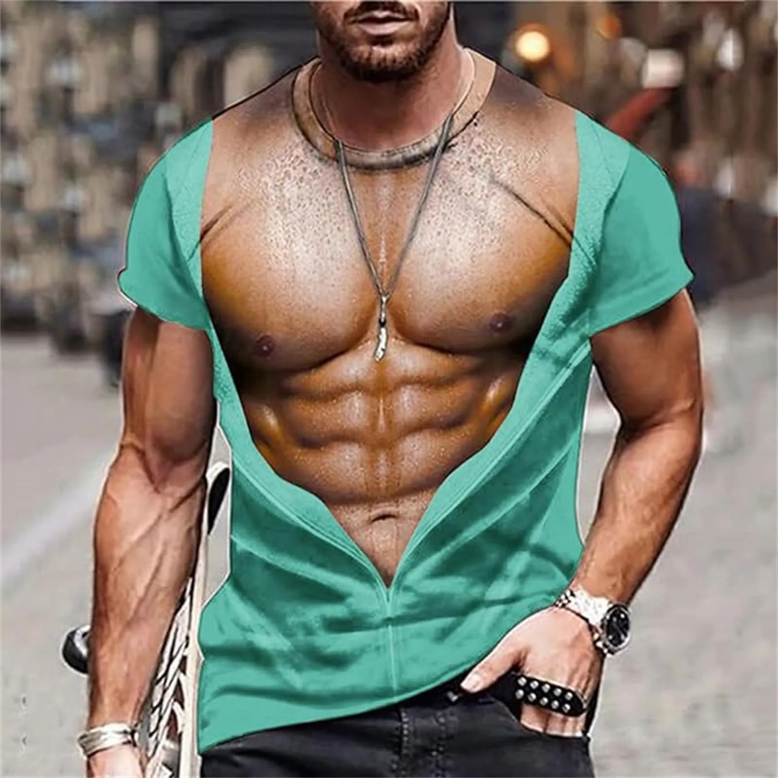 Maglietta da uomo con stampa 3D, gilet strappato e body muscolare, divertente maglietta divertente come scherzo per feste, carnevale o palestra, Stile_h16 foglia di tè, XXL - immagine 2