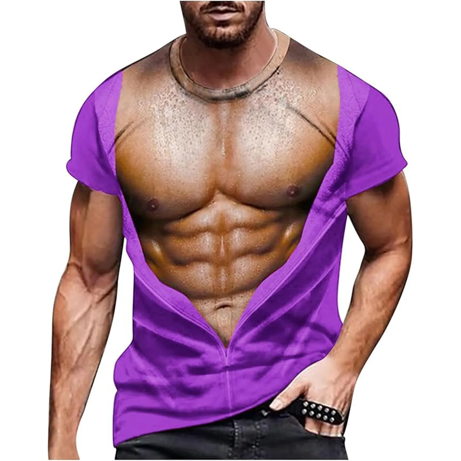 Maglietta da uomo con stampa 3D, gilet strappato e body muscolare, divertente maglietta divertente come scherzo per feste, carnevale o palestra, Stile_h19 lilla, 3XL - immagine 1