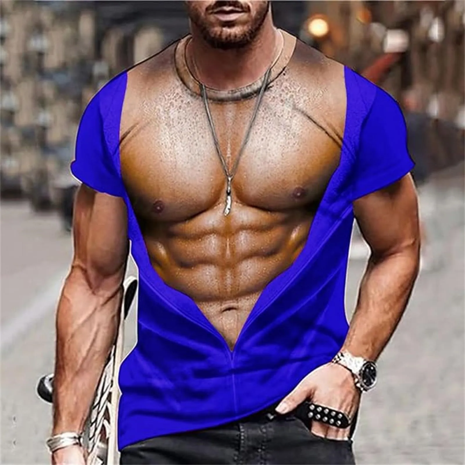 Maglietta da uomo con stampa 3D, gilet strappato e body muscolare, divertente maglietta divertente come scherzo per feste, carnevale o palestra, Stile_h03 blu, XXL - immagine 2