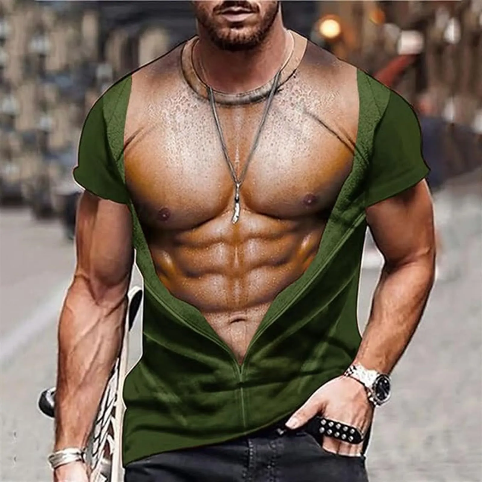 Maglietta da uomo con stampa 3D di una giacca strappata e corpo muscoloso, divertente maglietta scherzosa come scherzo per feste, Carnevale o la palestra, XL - immagine 2
