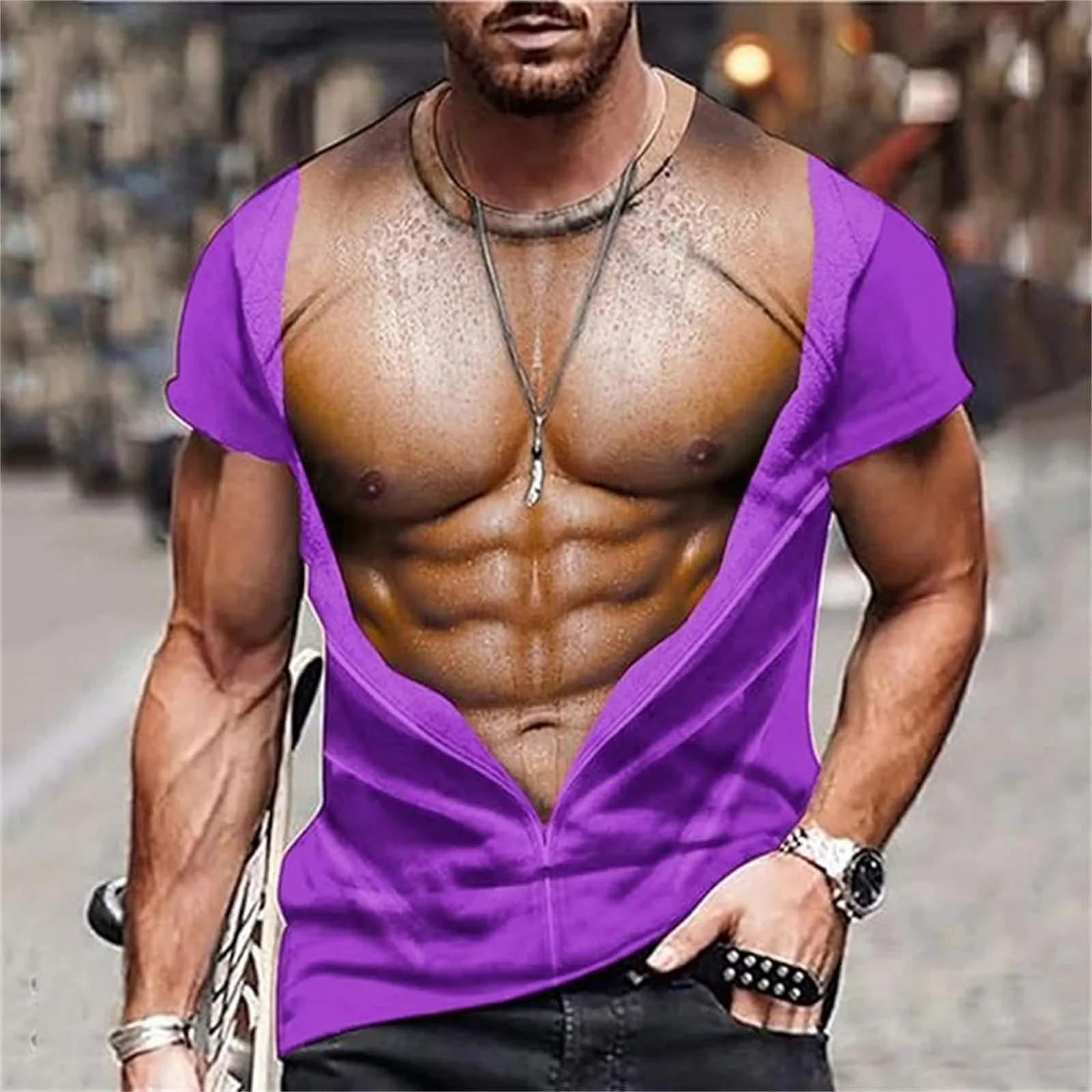 Maglietta da uomo con stampa 3D, gilet strappato e body muscolare, divertente maglietta divertente come scherzo per feste, carnevale o palestra, Stile_h19 lilla, XXL - immagine 2