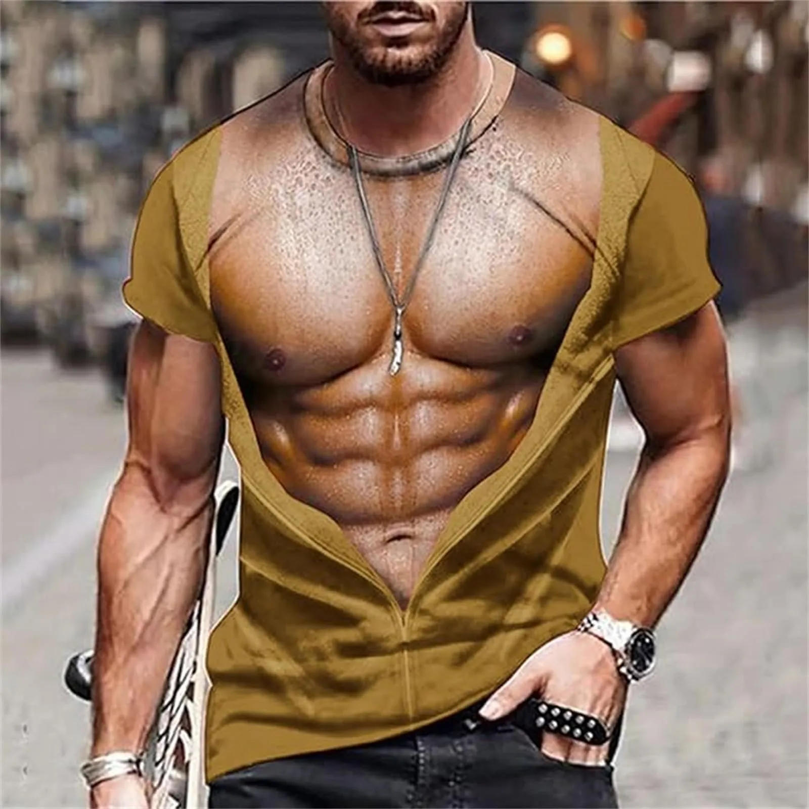 Maglietta da uomo con stampa 3D, gilet strappato e body muscolare, divertente maglietta divertente come scherzo per feste, carnevale o palestra, Stile_h07 oro, XL - immagine 2